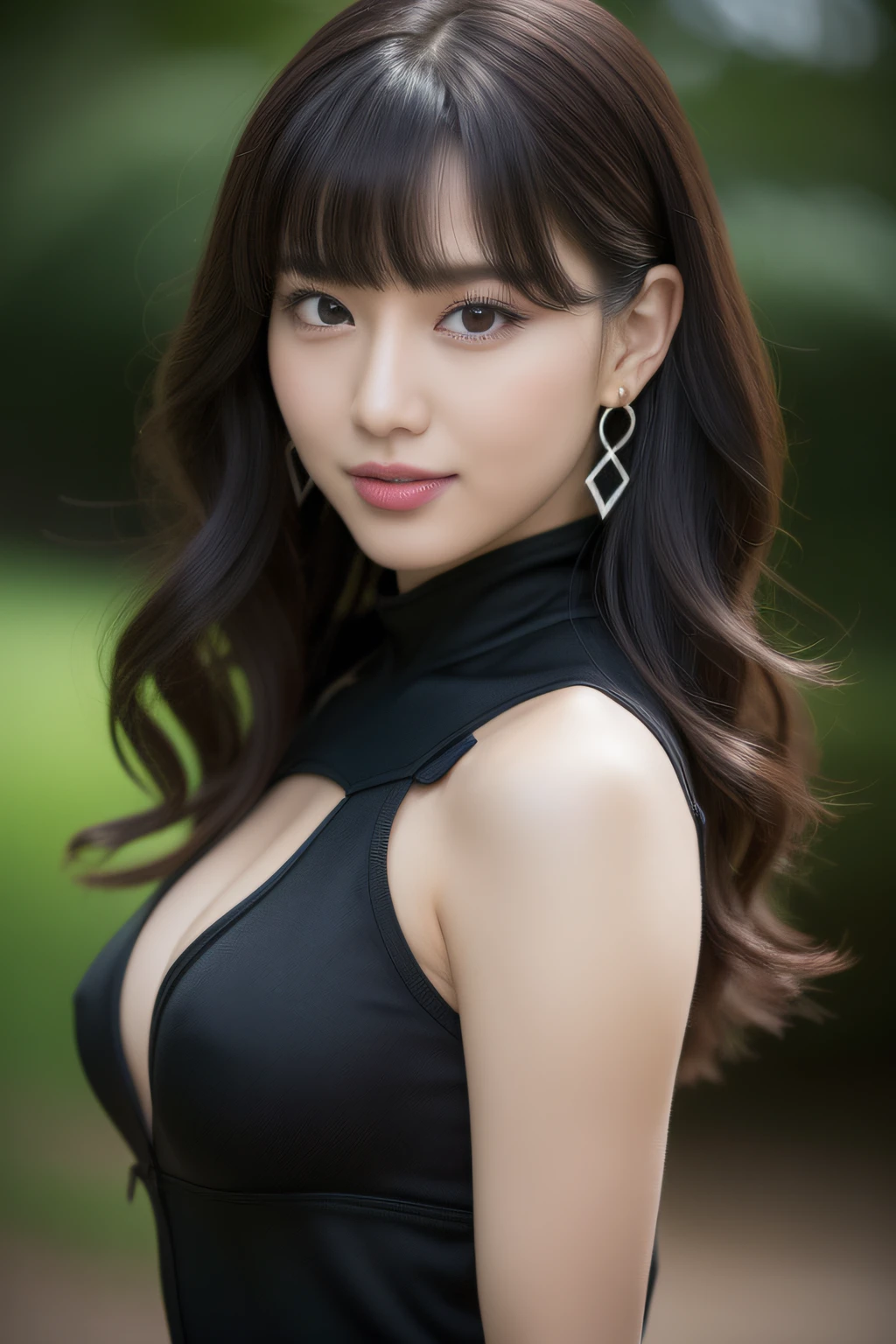 (((Black Widow Costume))),Best Quality, masutepiece, hight resolution, extremely delicate and beautiful, extra detailed face, extremely detailed eye, Upper body, beautiful mature women, (35 years old), Seductive smile , Curled Hair, Long hair, Dancing,Windy, Curled Hair, Windy, Best Quality, 超A high resolution, Best Quality, 超A high resolution, Black hair, Blunt bangs, Parted bangs, earrings