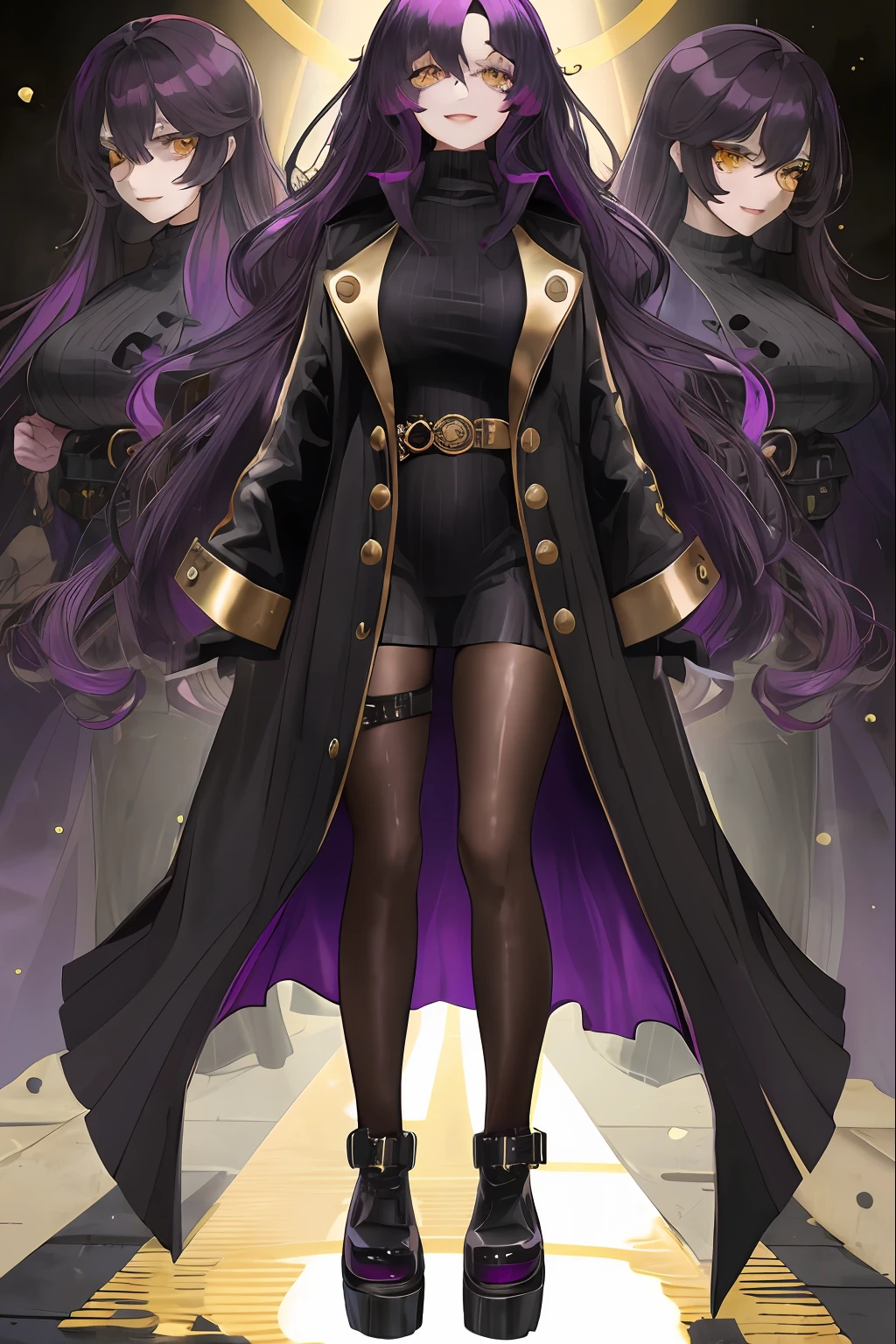 1woman, purple long wavy hair, swept bangs, ((golden eyes)), fake smile, unnerving smile, black turtleneck, open pirate trench coat, dark sky, pretty eyes, lifeless eyes, big doll-like eyes, ((full body))