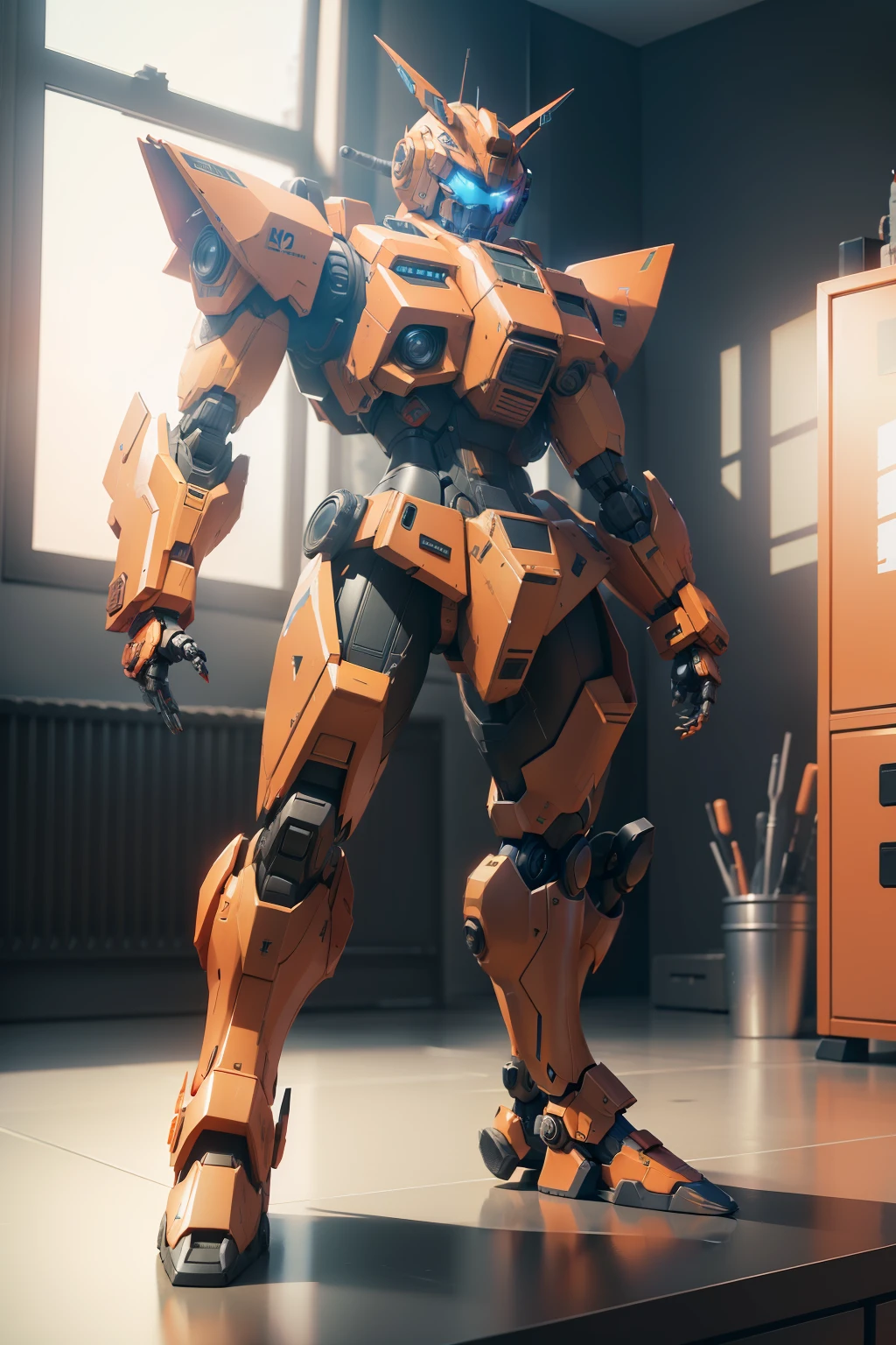 There is a toy robot standing on the table, Battle background,3d 8k octan render, 4 k octan render, Full-body orange mech, Punk Gundam robot, Rendered in redshift, 8 k octane detailed render, Combat robots are armed with weapons, Comic style 4D octane, rendered in octane 3d, posing robotically,