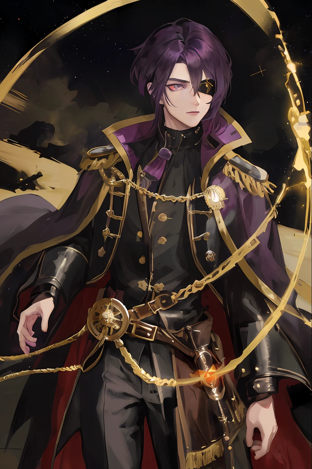 1man, dark purple undercut hair, ((golden eyes)), bored expression, pirate clothes, dark sky, pretty eyes, glowing pupils, looking down at viewer, dark sky background, lens flare abuse, mage clothes, elemental magic circling him, bored, spirit behind, closeup, semi-realistic masterpiece, hair over eye, eye patch on his right eye, ((full body))