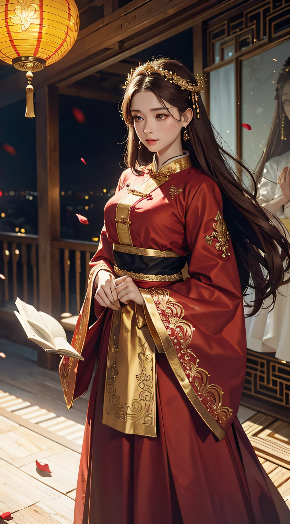 best quality, masterpiece, highres, (exquisite body:1.5),gorgeous face,(milky skin:1.3),intricate details,high resolution,wallpaper,
1girl, solo, dress, hair ornament, (((gold and red dress))), flowers, long hair, brown hair, closed mouth, jewelry, long sleeves, hand up, wide sleeves, big eyes,floating hair, chinese clothes, hanfu, embroidery, long skirt, natural pose, falling petals, indoor,fanning, lantern,
16K,HDR,highres,depth field,(film grain:1.1),boken,golden hour,(lens flare),vignette,rainbowing,(color grading:1.5)