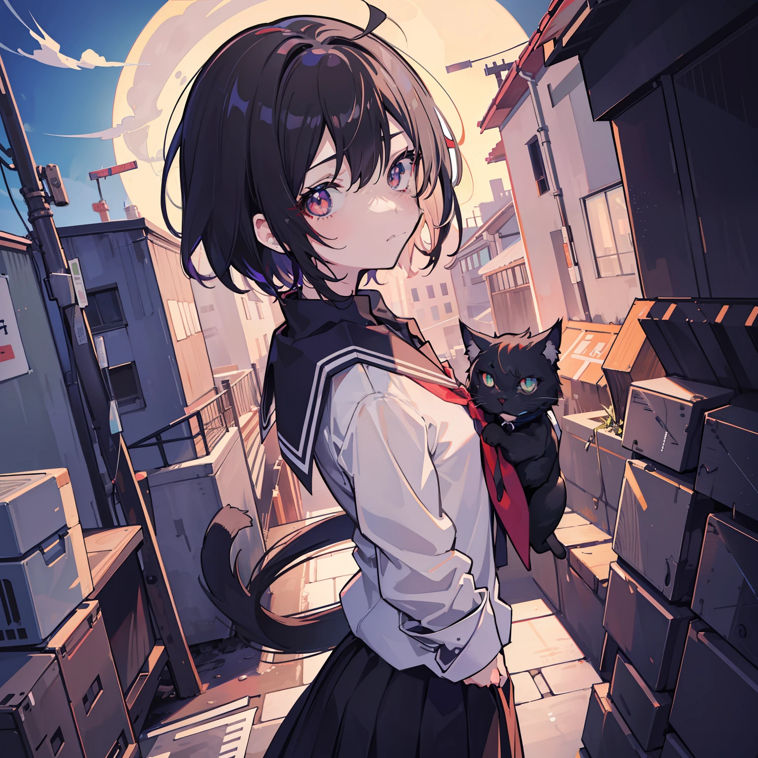 masutepiece, Fine detail, 4K, 8K, 12K, Solo, low angles, One Person, Handsome boy, white male, Black hair, Mashed Hair, School uniform, Back alley, Black cat, Night, fullmoon, Rear view、Small-looking person、silhuette, light Particle,