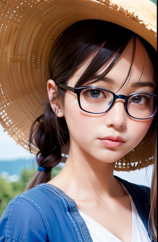 The movie, colorful, full HD, 8k, intricate details, super detailed, sunny summer, under the blue sky, she, tall, with a pair of glasses, a beige Sun hat, a very sweet smile, a ponytail behind her, a pair of small eyes shining with wisdom; She is white and pure, with a clear and beautiful face and eyes. She is always a beautiful woman, but she is unique and very special. pixiv
