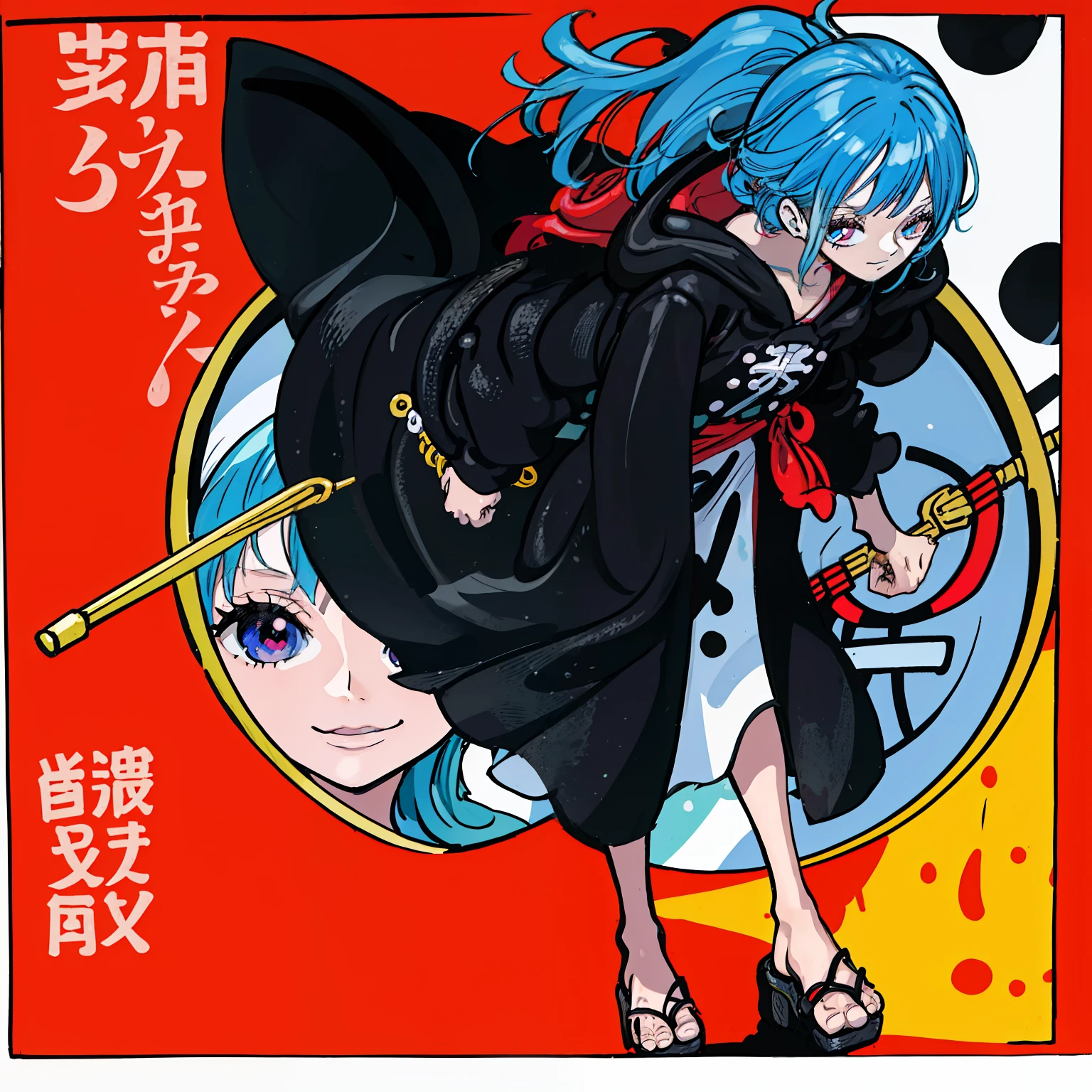 masutepiece, Fine detail, 4K, 8K, 12K, Solo, 1 person, Beautiful Girl, caucasian female, One-piece style image, Light blue hair, Red Eyes, Short hair, , Short stature, black robes, Black hood, Face Up、One-piece style pattern