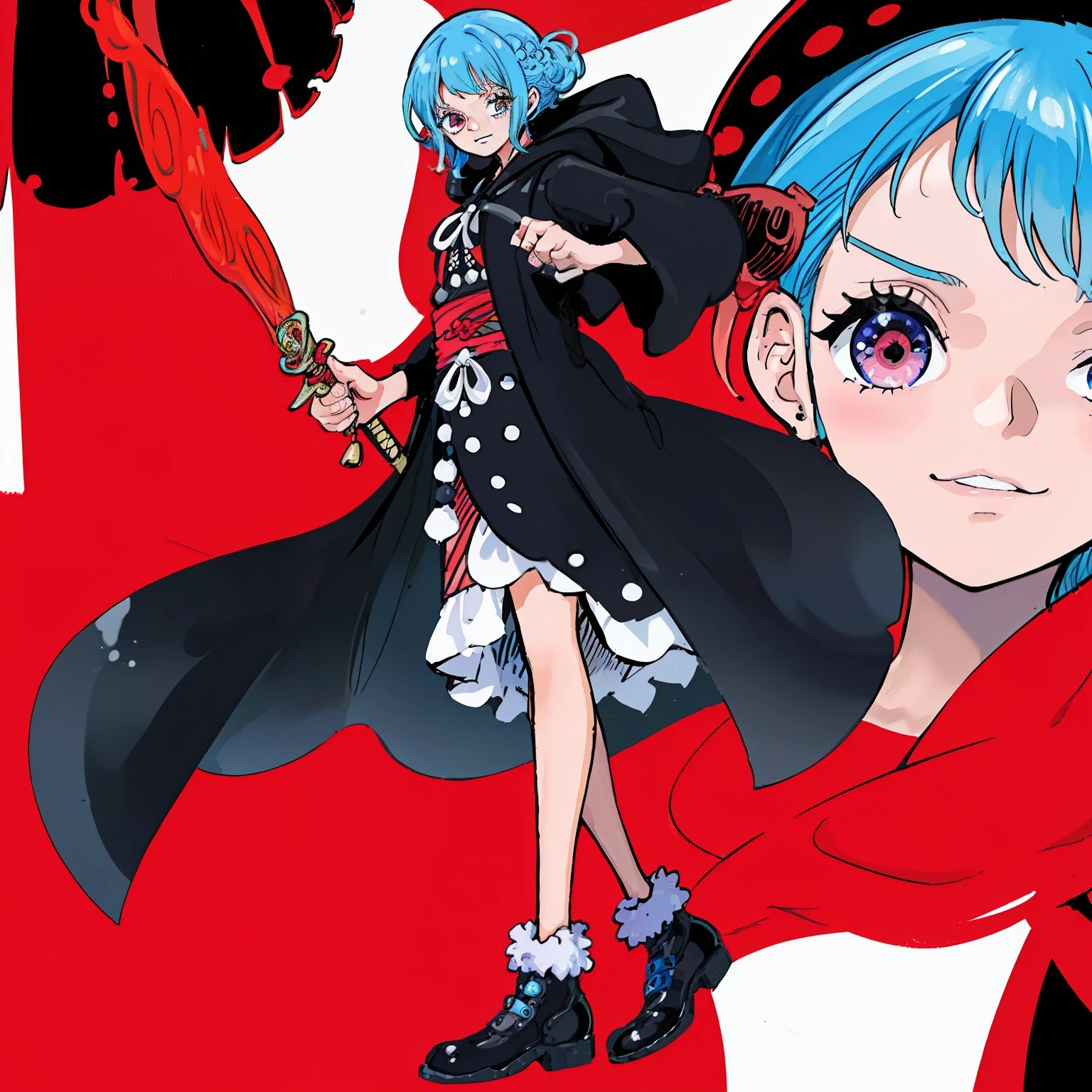 masutepiece, Fine detail, 4K, 8K, 12K, Solo, 1 person, Beautiful Girl, caucasian female, One-piece style image, Light blue hair, Red Eyes, Short hair, 15 years old, Short stature, black robes, Black hood, Face Up、One-piece style pattern