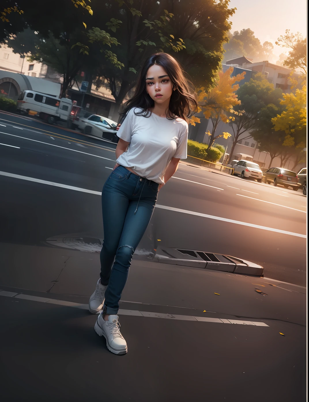 Change background beautiful girl with scratch jean pant realistic face .8k ultra realistic. Increase her height.