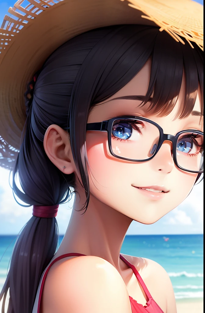 The movie, colorful, full HD, 8k, intricate details, super detailed, sunny summer, under the blue sky, she, tall, with a pair of glasses, a beige Sun hat, a very sweet smile, a ponytail behind her, a pair of small eyes shining with wisdom; She is white and pure, with a clear and beautiful face and eyes. She is always a beautiful woman, but she is unique and very special. pixiv