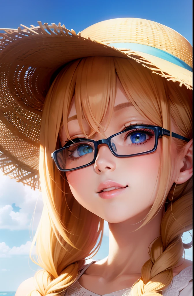 The movie, colorful, full HD, 8k, intricate details, super detailed, sunny summer, under the blue sky, she, tall, with a pair of glasses, a beige Sun hat, a very sweet smile, a ponytail behind her, a pair of small eyes shining with wisdom; She is white and pure, with a clear and beautiful face and eyes. She is always a beautiful woman, but she is unique and very special. pixiv