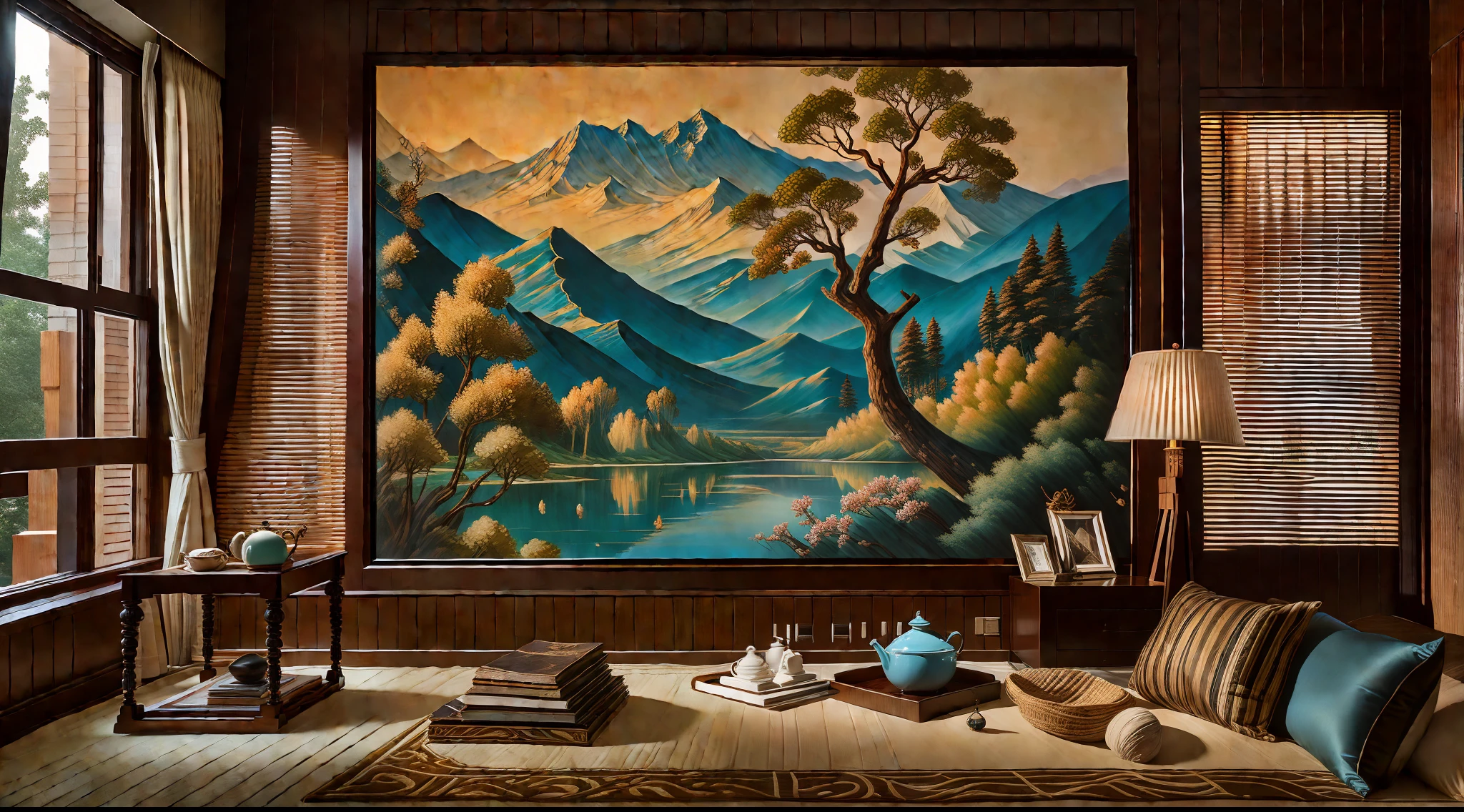 the soft light：1.4），natural soft light，The Chinese-style living room exudes a simple and elegant atmosphere。The low-key mahogany furniture exudes a faint woody scent，A bronze lamp sits on a large rosewood desk，Reflects a soft light。The huge screen is painted with exquisite landscape paintings，It makes you feel like you are in nature。There is an ink painting on the wall，Depicting mountains with mountains and flowing streams。An elaborate carved mahogany pear screen separates the living room from the dining room，Added a layer of secrecy。A set of tea sets is placed on the delicate coffee table，Longjing tea with a clear fragrance。By the window，A set of deck chairs allows you to enjoy the view of the courtyard in silence。The atmosphere of Qinqi calligraphy and painting permeates the entire space，It makes people feel the charm of the ancient culture。This Chinese-style living room is like a work of art，Immerse yourself in it，Enjoy tranquility and harmony。