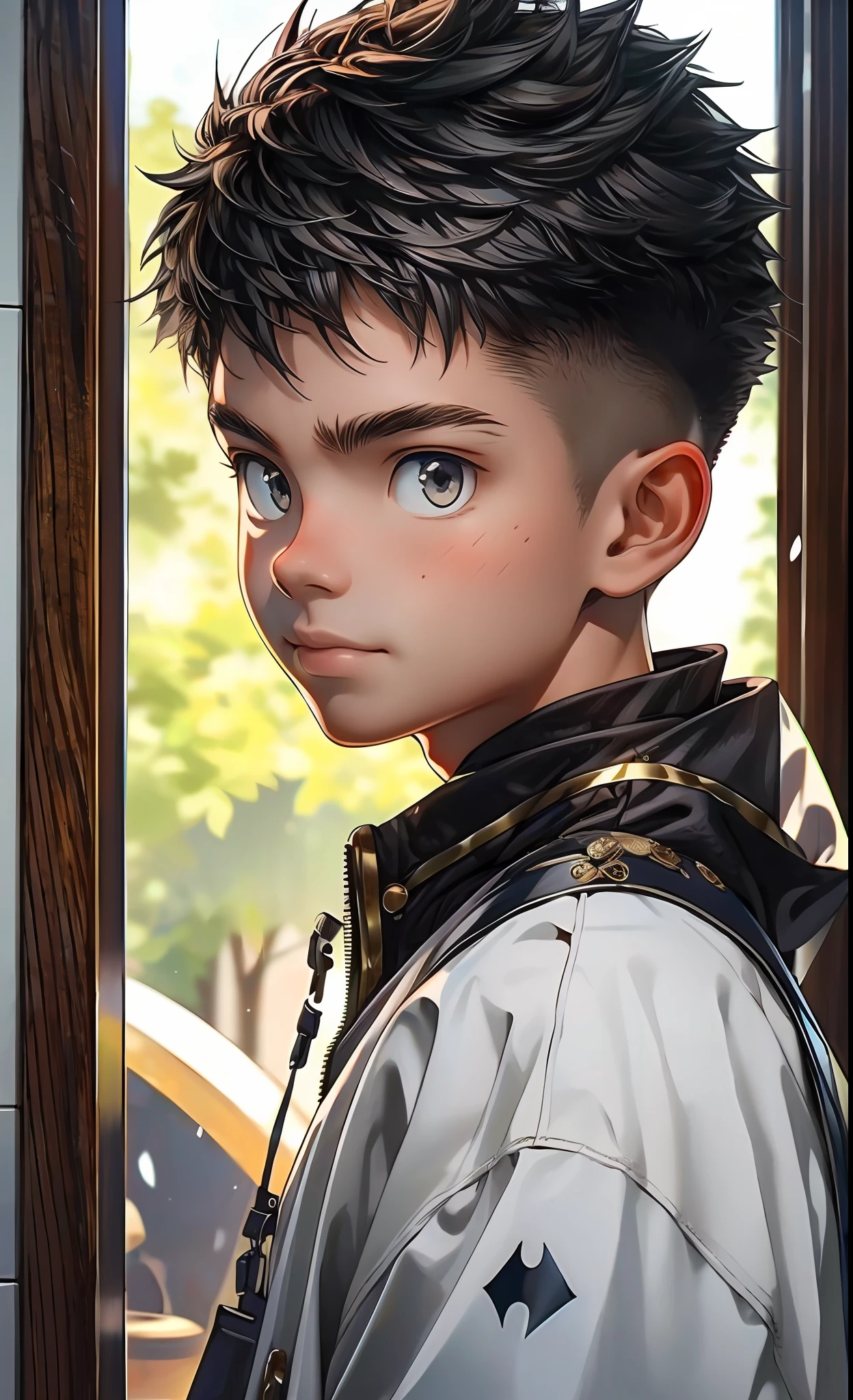 offcial art, Unity 8k wallpaper, Ultra detailed, Beautiful and aesthetic, Masterpiece, Best quality, Extremely detailed, Realistic, 1boy, Short spiked hair, crew cut hair, Cute, Young, Asian, Leopard ears, view the viewer, facingviewer, Japanese role-playing game style, medieval,