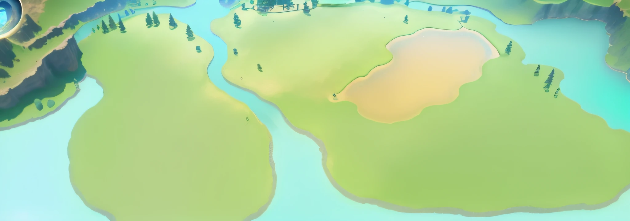 There is a cartoon picture，A river runs through a green field, extensive grasslands, grassy fields,Game map, Island background, arte de fundo,Solar Field Plain, scattered islands, , distant village background,  detailed lake in background, arte de fundo, river in the background, Island background, with a river running through it, background artwork, breezy background, Game map, in game graphic, Vast landscape
