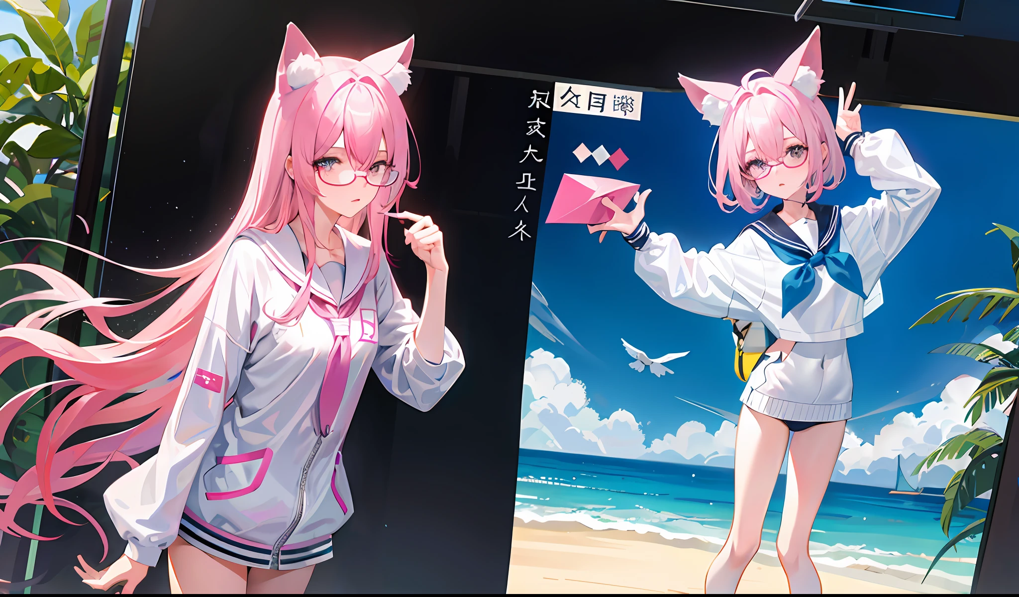 teens girl,quadratic element,Pink hair,Wearing white silk,wears glasses,swimming uniform,比基尼,D-cups,Bigchest,standing on your feet,One guy,Cat ears,close-up all over the body,largeeyes
