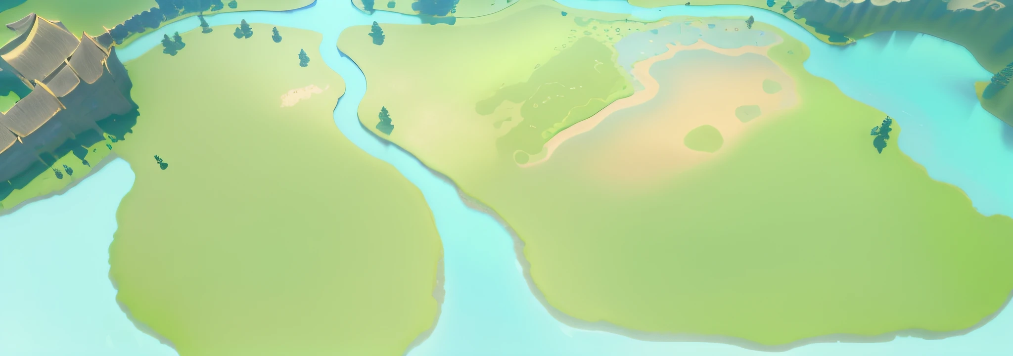 There is a cartoon picture,A river runs through a green field, extensive grasslands, grassy fields,Game map, Island background, arte de fundo,Solar Field Plain, scattered islands, , distant village background, detailed lake in background, arte de fundo, river in the background, Island background, with a river running through it, background artwork, breezy background, Game map, in game graphic, Vast landscape