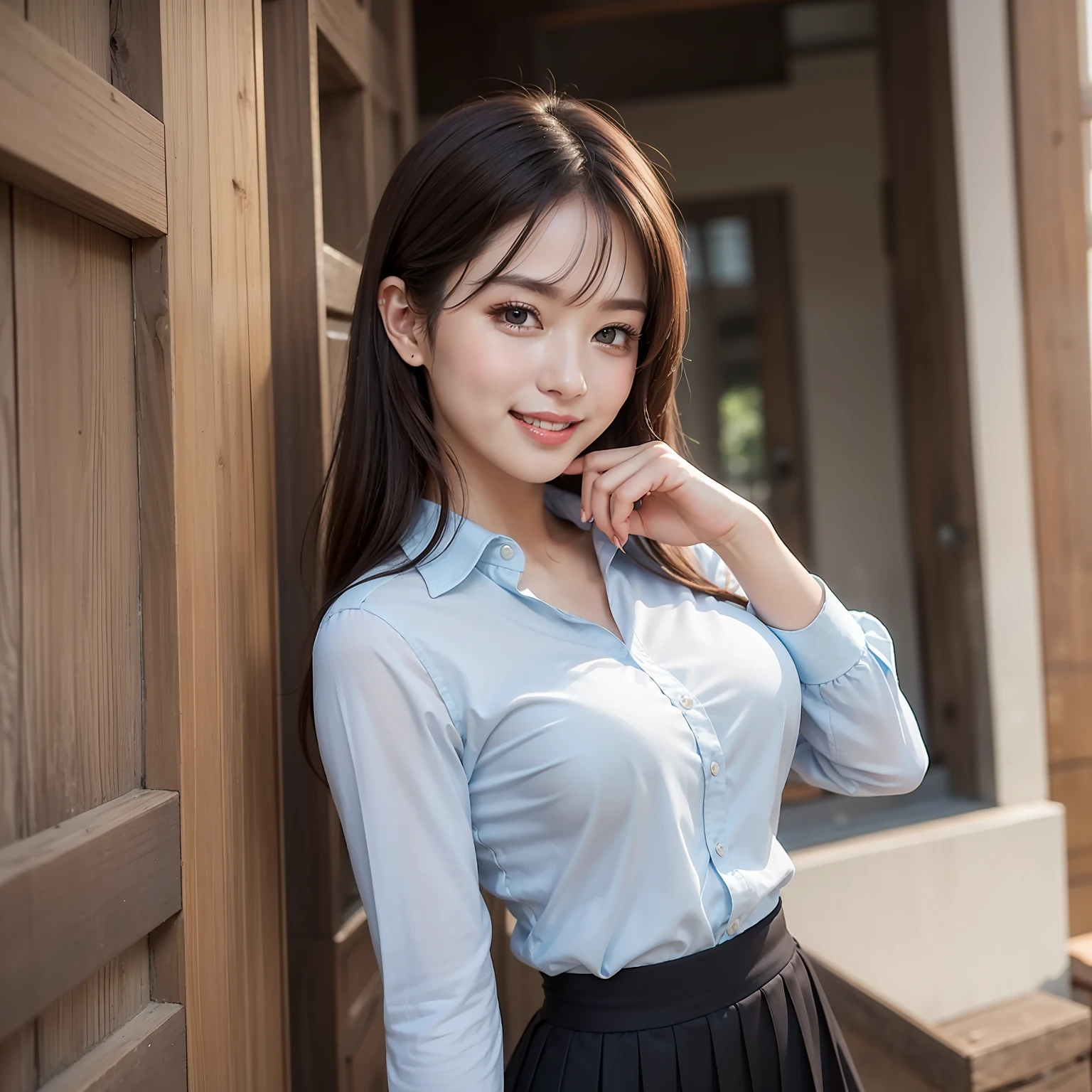 Top image quality、hight resolution、A detailed face、Beautiful Women in Perfect Style、affectionate smile、pleatedskirt、tight skirts、a miniskirt、long skirt、big breasts thin waist、slim legs