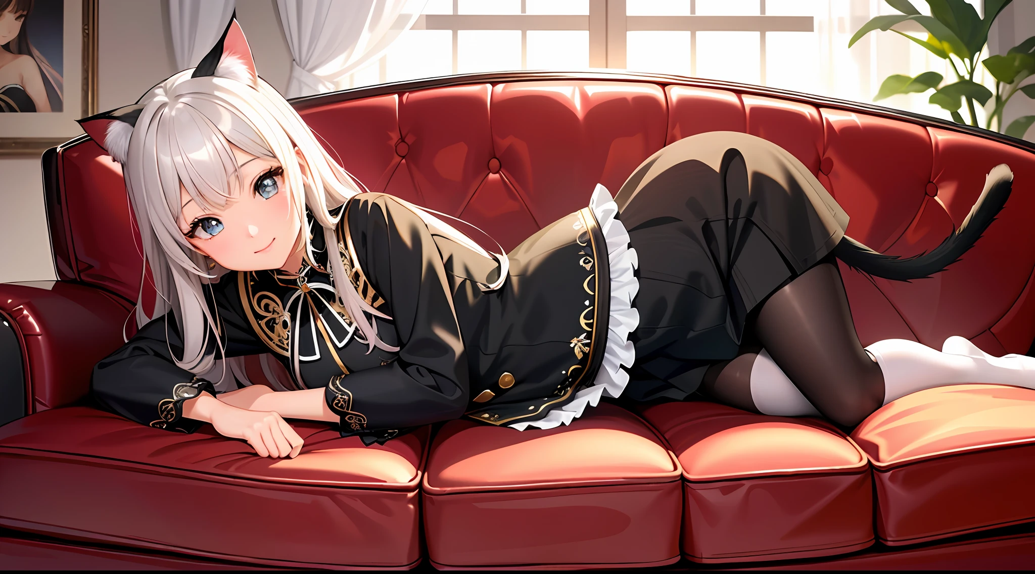 (Masterpiece, top quality, highly detailed CG, beautiful detailed eyes, super detailed, intricate details:1.2), 8k wallpapers, elaborate features,
(1 person, solo:1.4)perfect cartoon illustration,(1 person, solo:1.4)
(realistic textures:0.8), high res, cute, (vivid colors, dynamic lighting:1.0), (high contrast:0.8),
perfect anime illustration、Young girl 1、cute  face、innocent smiles、Glossy skin、White blouses、skirt by the、Pet Cats（black cat）stroking、Living room at home、sofas、natta