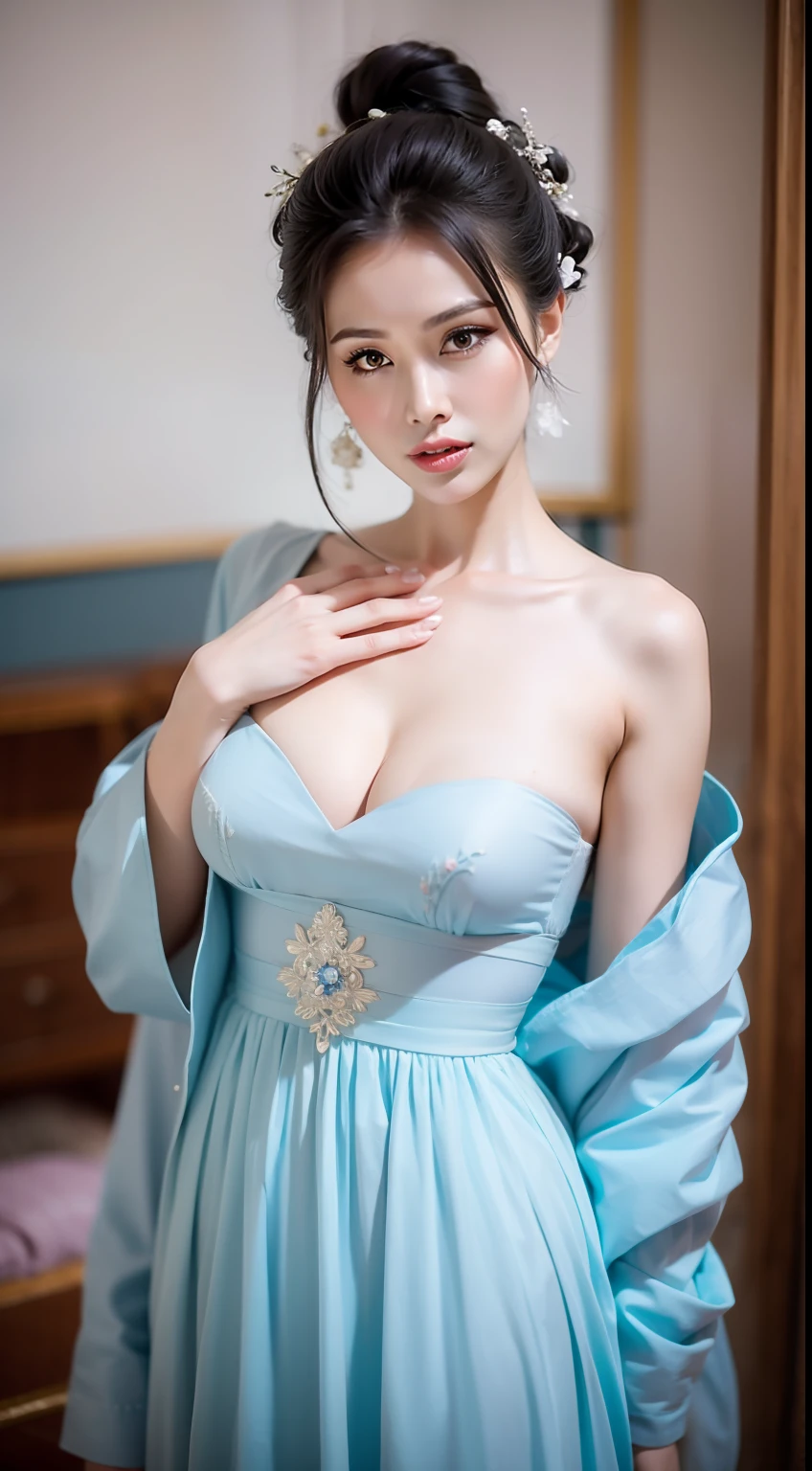 Fashion model 20 years old [[[[closeup cleavage]]]], [[[[boobgasm]]]], [[[[coll]]]], [[[[bshoulders]]]], perfect  eyes, Perfect iris，Perfect lips，perfect teeth，Perfect skin，Long face，slender nose，tall nose bridge，Soft front light，hdr，Movie girl，Simple hairstyle，light make-up，Casual，（pastel colour：1.2）