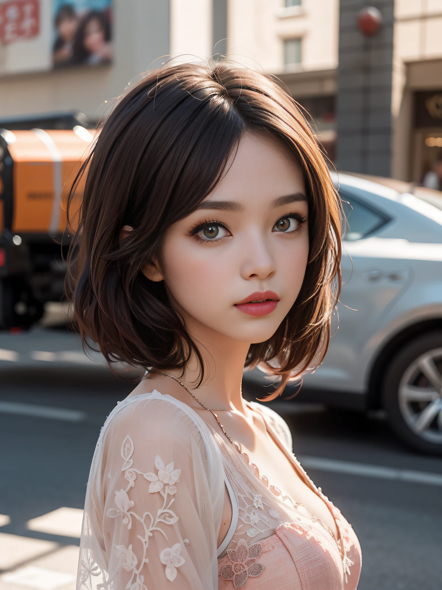 Brown hair long,close to face,Chinese big eyes girl with lipstick on her lips, Realistic scene style, Light orange and light maroon, I can't believe how beautiful this is, pixar-style, pixar-style, pixar-style, pixar-style,Light white and dark pink, cartoon character