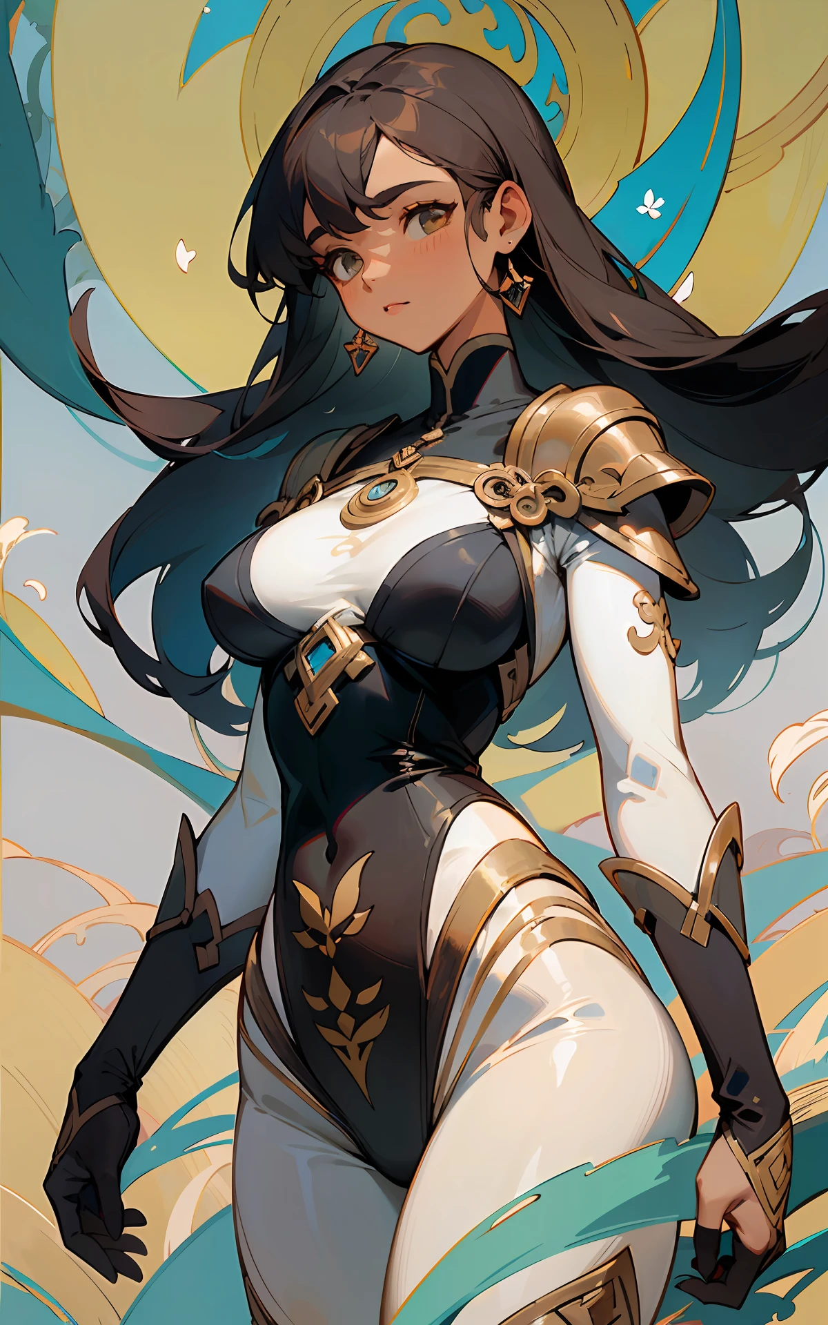 Brown skin, (gelado:1.4), profundidade de campo, floral, ::< Punindo personagens de corvos cinzentos, Arte por Stanley Artgerm Lau, Arte por Kenneth Rocafort, Arte por Genzoman Smooth, nuvens separadas e uma escadaria dourada infinita, over exposure, Ashley Alexiss menina