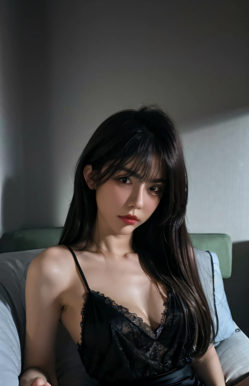 Best quality, masterpiece, ultra high res, (photorealistic:1.4), raw photo, 1girl, ((black lace nightgown)), ((small breast)), cold light