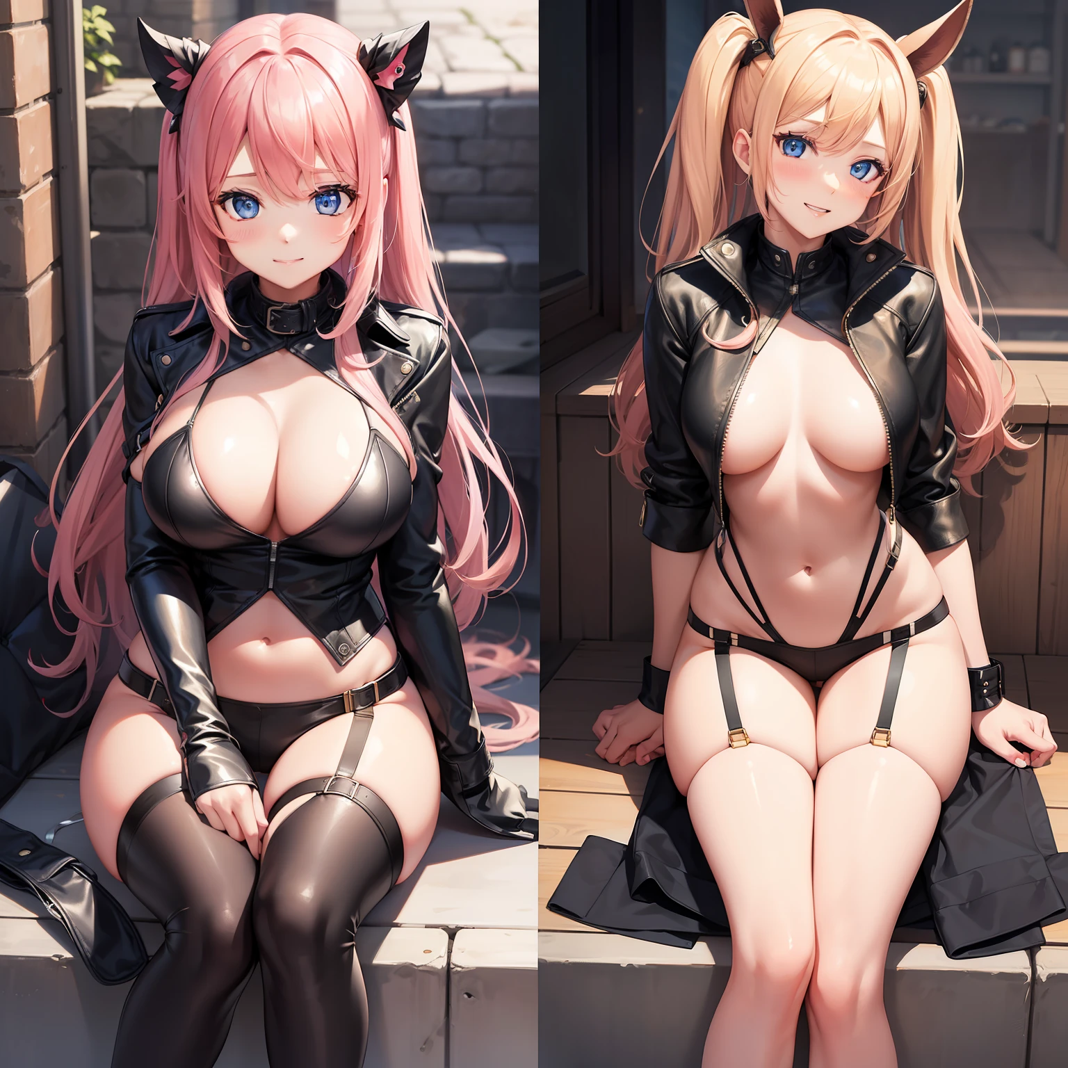 harems Multiple girls are depicted a smile a blond Pink hair leather jackets blue eyess top-quality masterpiece 超A high resolution body suit Loose socks