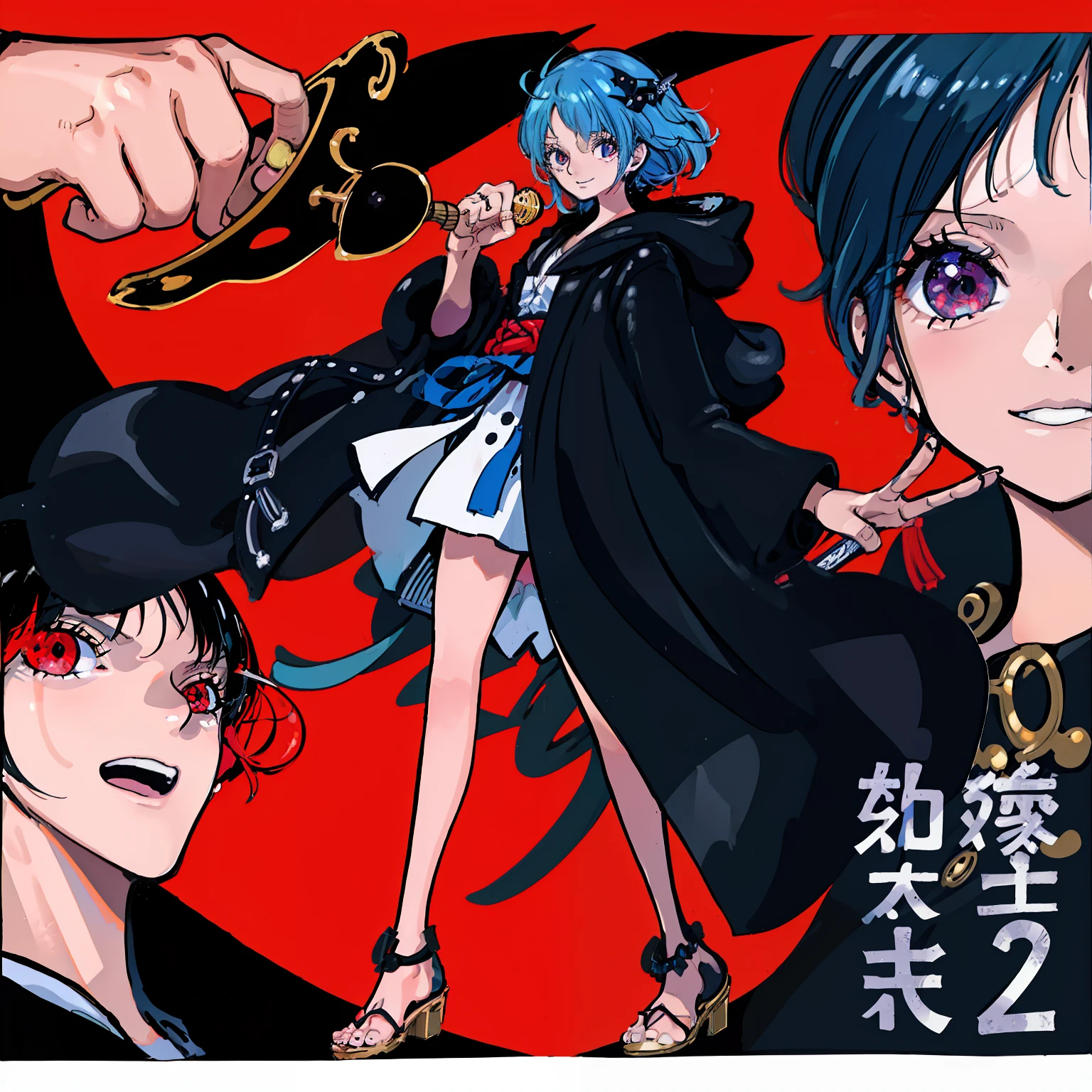 masutepiece, Fine detail, 4K, 8K, 12K, Solo, 1 person, Beautiful Girl, caucasian female, One-piece style image, Light blue hair, Red Eyes, Short hair, 15 years old, Short stature, black robes, Black hood, upper bod