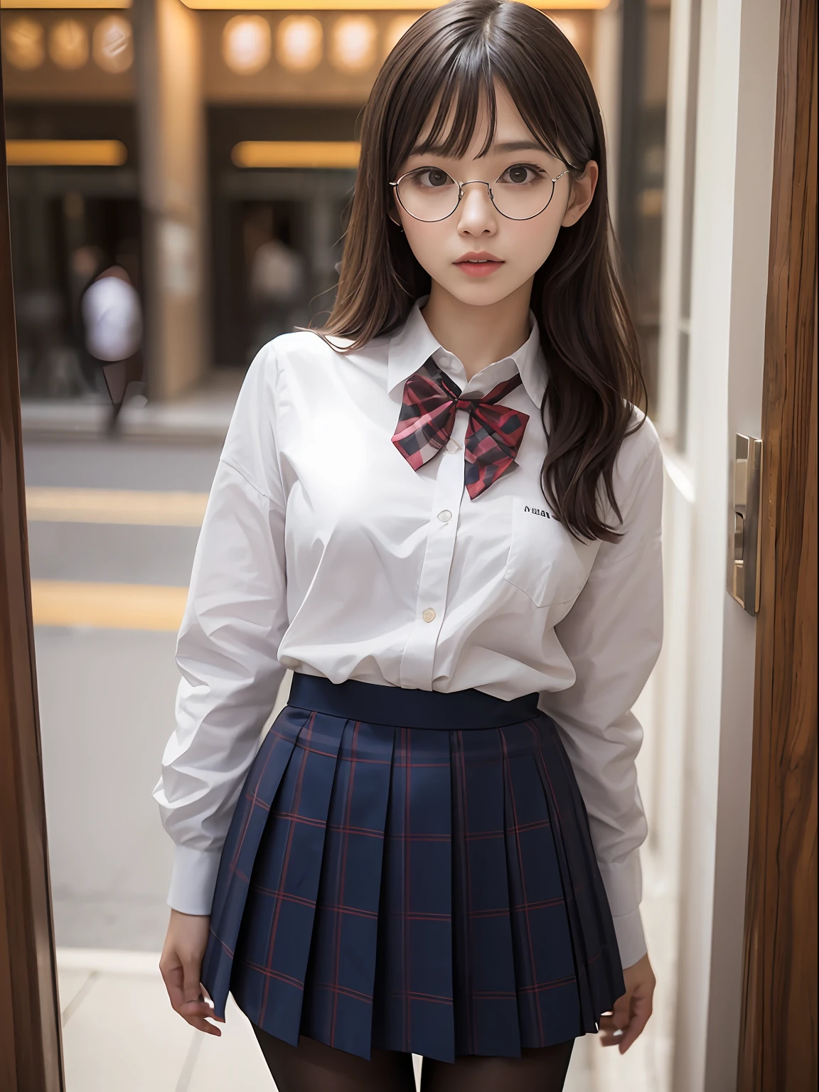 (8K、Raw photography、top-quality、masterpiece:1.2),de pele branca,Black pantyhose,absurderes,a small face,small tits,flat breast,Parting the bangs from the middle、Forehead visible,(Tight eyes,Bullish,skinny,Rasping,irate)、masterpiece,top-quality、超A high resolution,Raw photo,ren,Beautiful fece,One Person, 独奏,eye glass,,Dark look,Small breasts,fullllbody,Round glasses、cute little、JK school uniform,hi-school girl,A Japanese Lady,is standing,(Tight eyes,Bullish,skinny,Rasping,irate,small tits,flat breast)、(Photorealsitic:1.37)、Photon mapping,Light blue ribbon,Realistic、Cute little face,Brown-eyed、Black socks、(Red bow tie)、Radio City、Physically Based Rendering、Foreground、depth of fields、Blurry background、a picture,The girls、Body,beauty legs, Long legs, Thin leg,poneyTail,(Bangs are visible), hair, s lips, Blue_The eye, nosesoft,White shirt, Navy and blue and white plaid pleated skirt, Knees are visible,Sheer clothing,, Thigh, Black cotton socks,Nogizaka Idol, 女優, Japanese ido