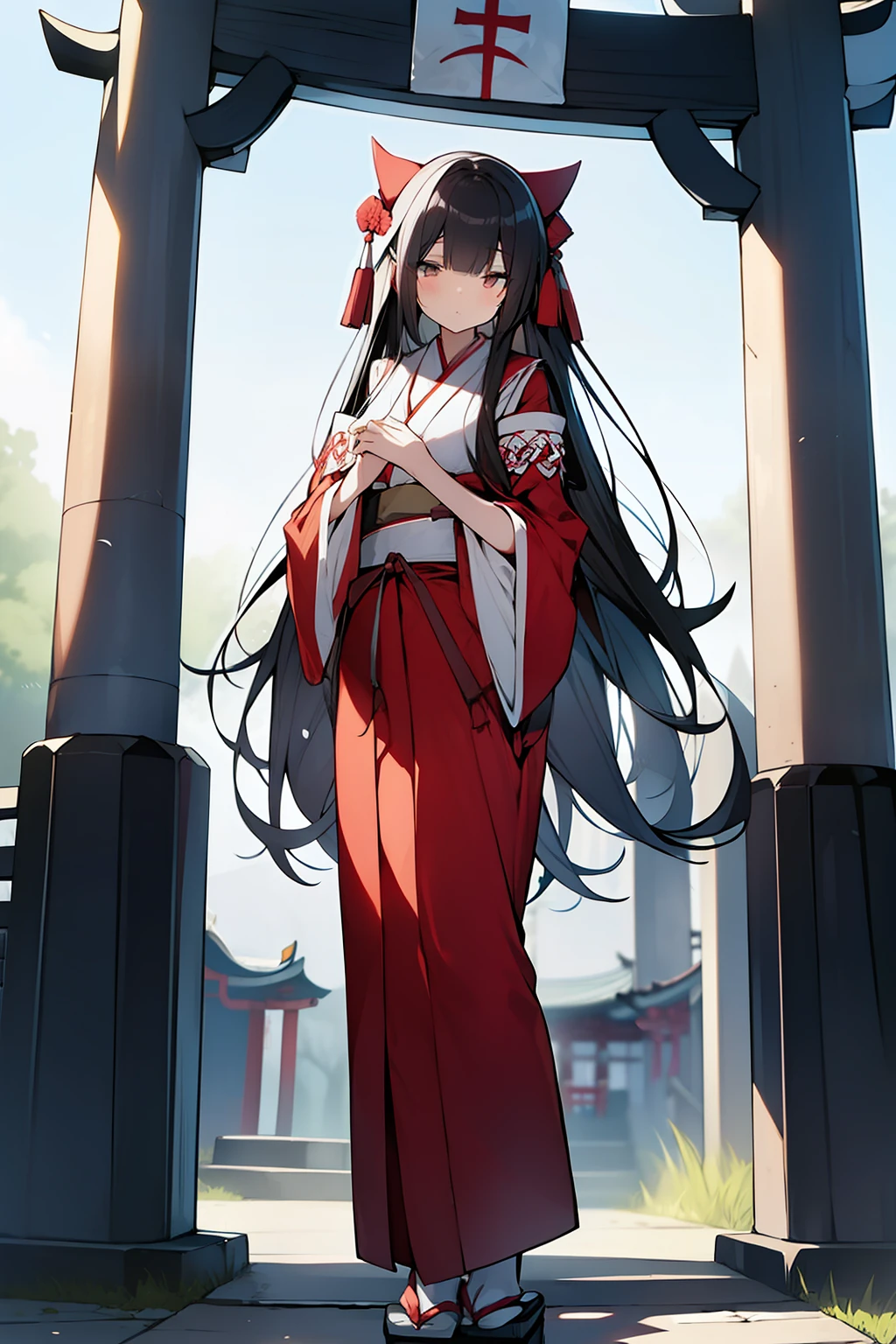 A slender、Very flat chest、Tall、Long、A dark-haired、beautiful Girl、shrine maiden