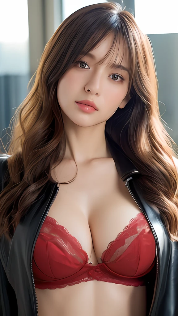 ((top-quality、8K、masuter piece:1.3))、1人、Beautiful woman with slender abs:1.3、(Highlight Haircuts、Breast A Cup:1.2)、Black see-through:1.1、hyperdetailed face、A detailed eye、二重まぶた、full body Esbian、Super smile、randome pose、mix4、(8K、Raw photography、top-quality、masterpiece:1.2)、(realisitic、Photorealsitic:1.37)、1girl in、cute little、A city scape、natta、Sateen、wet、profetional lighting、photon maping、Radio City、physically-based renderingt、Gradient Brunette Hair、short curly hair、a handsome、Girly、White Ball Set、superior image quality、hight resolution、1080p、(clearface)、(Detailed face description)、(Detailed hand description)、(masterpiece)、(Exquisite CG)、extreme light and shadows、 dishevled hair, masterpiece, lush detail, (Exquisite facial features), (Top image quality), (masterpiece), (Eye of Detail), Looking forward to the eyes, Delicate collarbones、A detailed face、Detailed lips、A detailed eye、More skin、二重まぶた、dark brown hair、(large full breasts:1.5)、(Red underwear))、big areolae:1.4、、(The pubic shape are Clearly Visible)、pubick hair、(Wet bare skin: 1.3)、Open the front of the leather jacket、cleavage of the breast、perfect bodies、breastsout、sexy pose、sexy facial expression、cowboy shot、Enhances eye contact with the camera