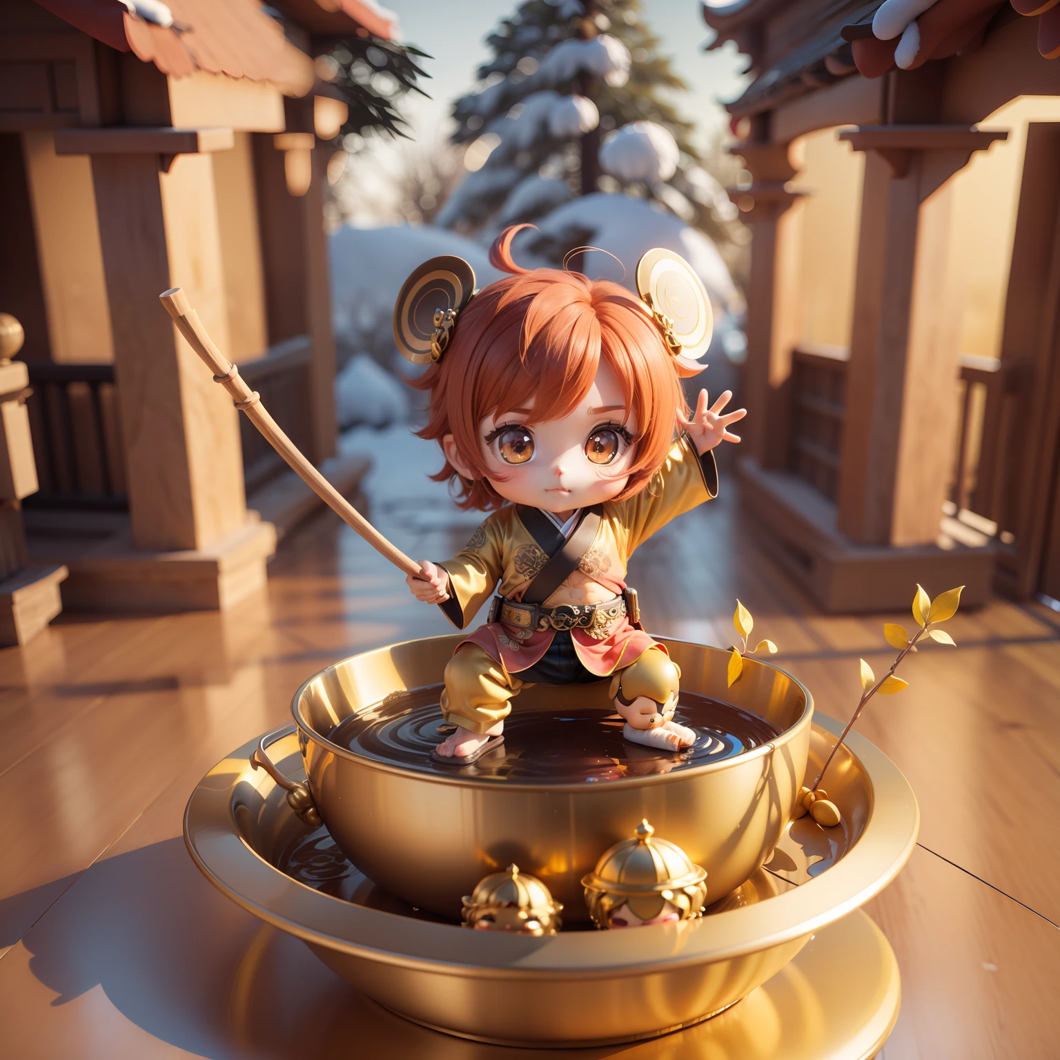 (((chibi 3d)))Cute and beautiful chibi anime character monkey,A golden metal bowl on his head,Red and yellow tang costume Hanfu,Have a long stick with decoration,Riding on a snowpack。