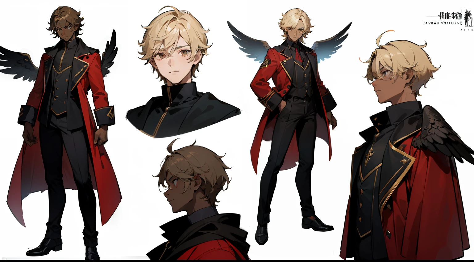 ((Masterpiece, highest quality)), detailed face, character sheet, Full body, full of details, multiple poses and expressions, highly detailed, depth, many parts, 1boy, young male, ((dark skin)), black wings, angel wings, fire, black pants, red hooded jacket, long sleeves, curtained hair, messy hair, short blonde hair, hair intakes,