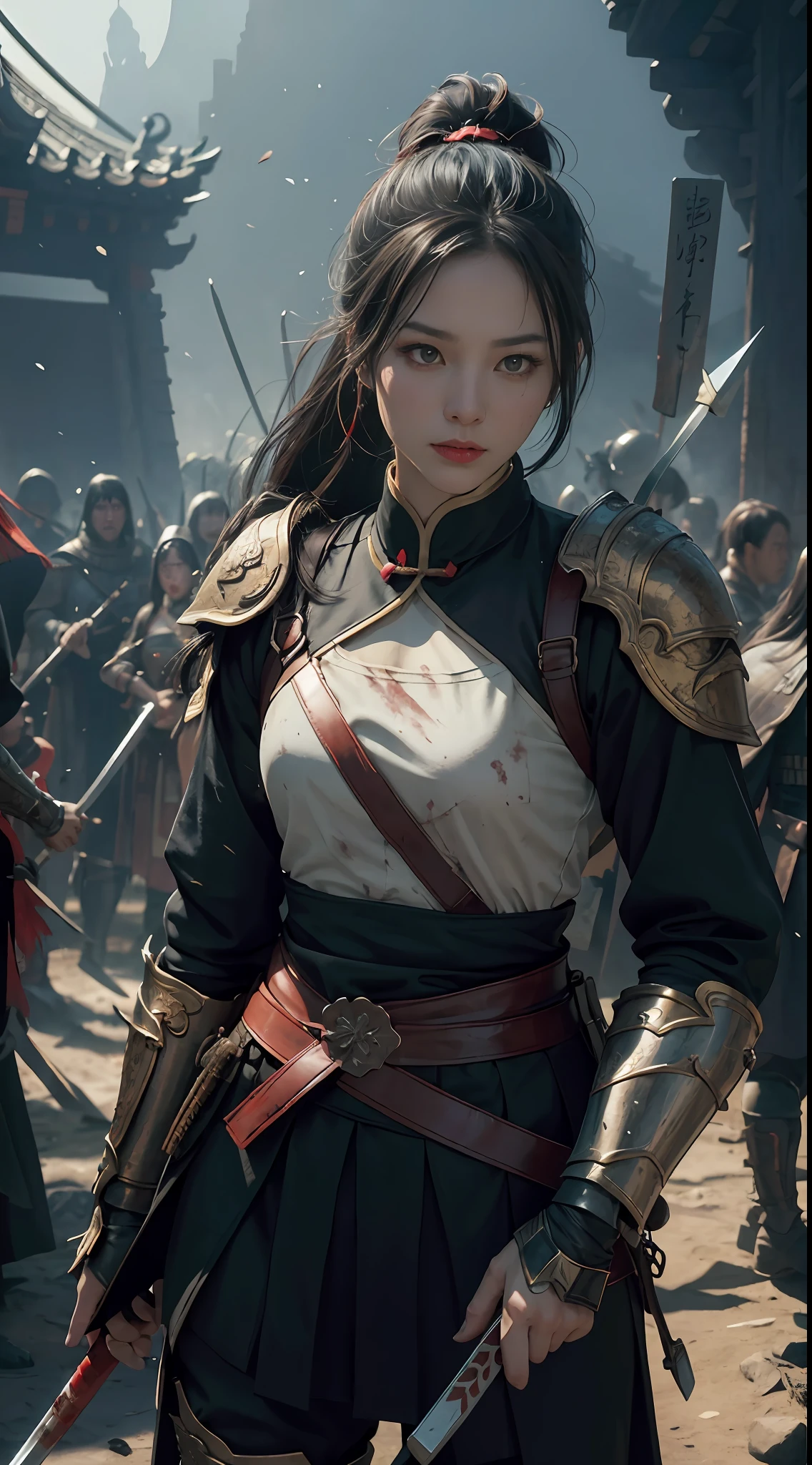 (Positive Focus), (In the Dark: 1), (Best Quality), (Realisticity: 1), Movie Poster, Realistic Skin Texture, Highly Detailed, 8k Wallpaper, Volume Lighting, Dynamic Lighting, A Girl, Long Black Hair, Ponytail, Black Metal Armor, Red Belt, Black Armor, Shoulder Armor, Waist Guard, Hand Guard, Veil, Holding a Long Sword in front of Body, Ancient Chinese Style, Battle Posture, Lots of Bloodstains, Blood Stains on Face, Broken Clothes, Ancient Chinese Battlefield, A Group of Ancient Soldiers Chasing and Killing, Arrows Flying, War, night, dramatic composition, sword qi surrounding, rich picture detail, war, movie lighting,