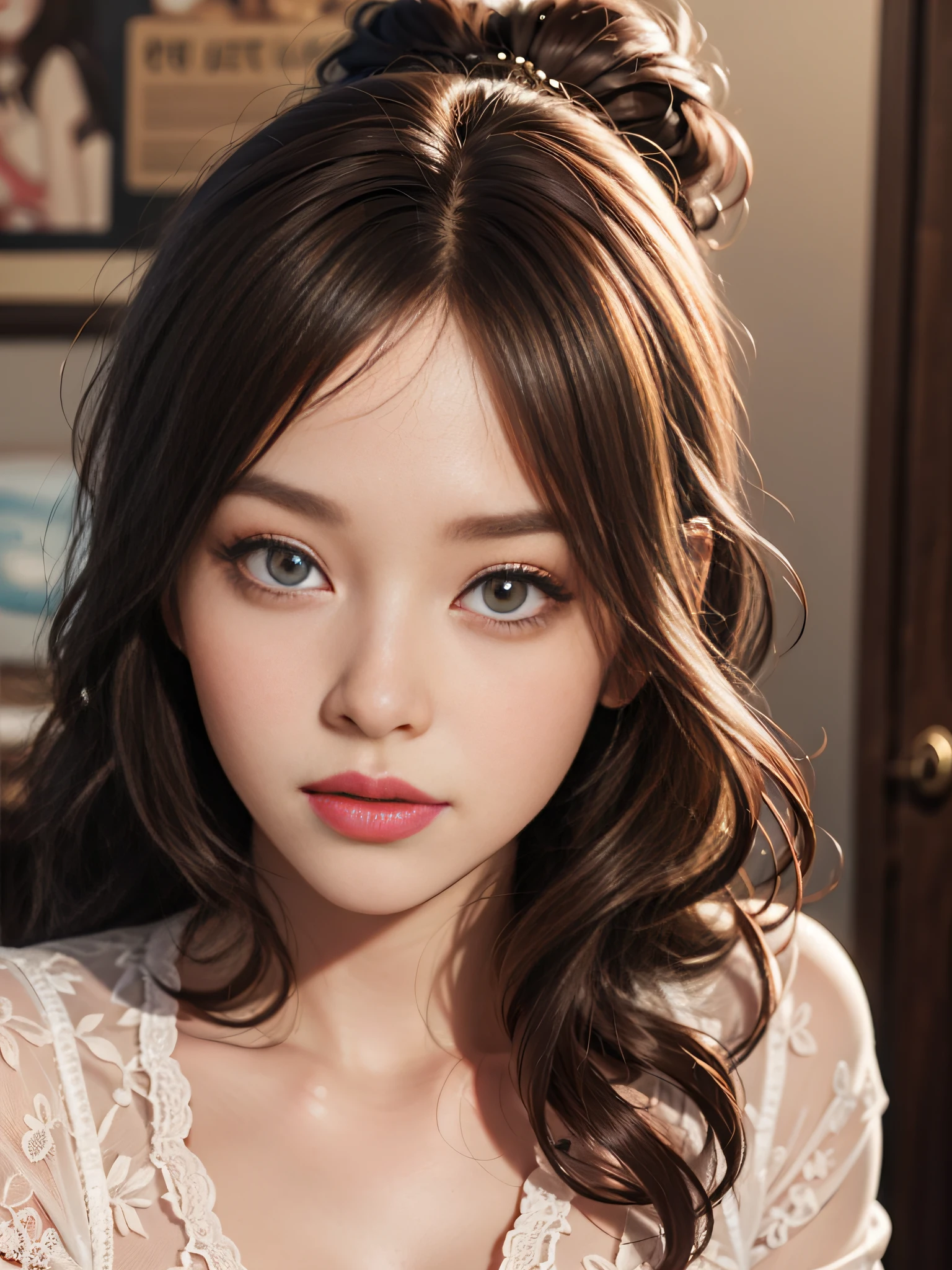 Brown hair long,close to face,Chinese big eyes girl with lipstick on her lips, Realistic scene style, Light orange and light maroon, I can't believe how beautiful this is, pixar-style, pixar-style, pixar-style, pixar-style,Light white and dark pink, cartoon character