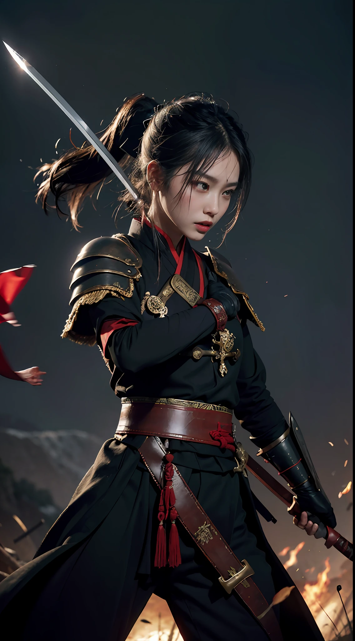 (In the dark: 1), (Best quality), (Realisticity: 1), Movie poster, realistic skin texture, highly detailed, 8k wallpaper, volumetric lighting, dynamic lighting, a girl, long black ponytail hair, black robe, red belt, small amount of armor, shoulder armor, waist guard, hand guard, veil, holding a long sword in front of you, ancient Chinese style, short sword at waist, attack posture, blood stains, broken clothes, ancient Chinese battlefield, a group of ancient soldiers chasing and killing, arrows flying, war is flying, night, dramatic composition, Sword qi surrounding, rich background details, war,