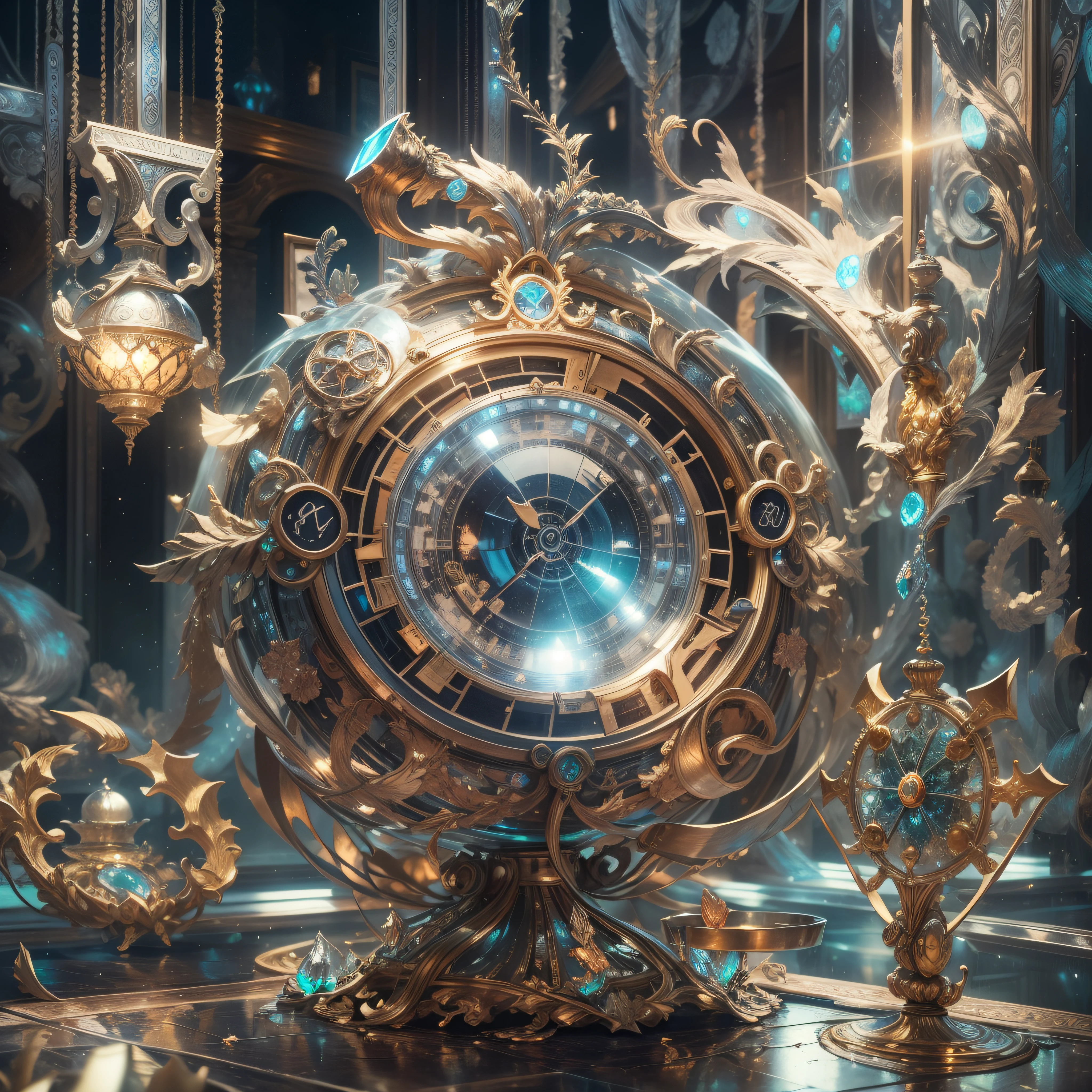 in the style of futuristic,(Full Focus),antiquarian,jewely,of Crystal Gems,Gold and silver products,Magic symbols,Magic light particle effect,High-tech luxury, High-value jewelry,,High-value metals,luxury goods,Puzzles are prohibited, Detailed and complex background, glittery, reflective light, hyper HD, Award-Awarded, A high resolution, High detail, Chiaroscuro, Cinematic lighting, Masterpiece, Ray traching,structurally correct, Super detail, High quality, High details, Best quality, 16k