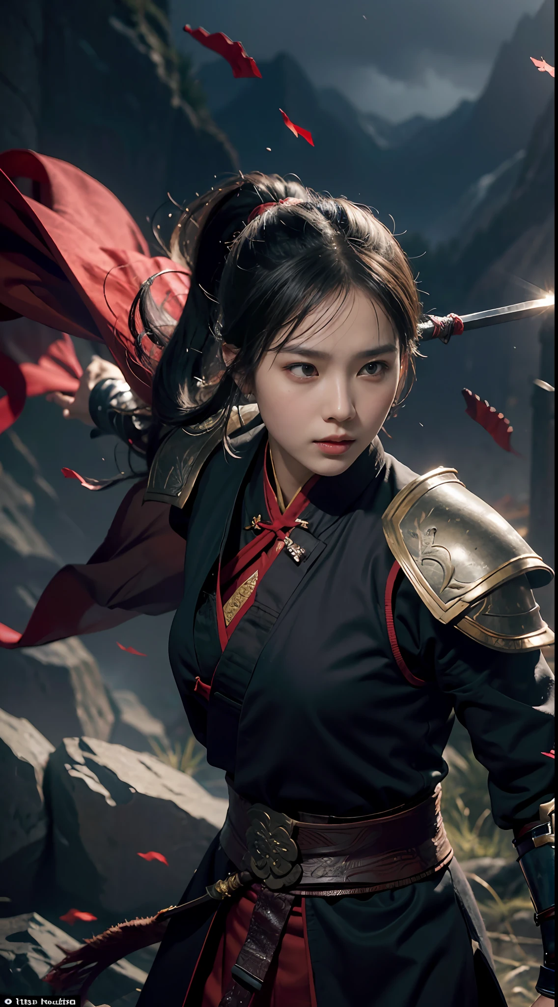 (In the dark: 1), (Best quality), (Realisticity: 1), Movie poster, realistic skin texture, highly detailed, 8k wallpaper, volumetric lighting, dynamic lighting, a girl, long black ponytail hair, black robe, red belt, small amount of armor, shoulder armor, waist guard, hand guard, veil, holding a long sword in front of you, ancient Chinese style, short sword at waist, attack posture, blood stains, broken clothes, ancient Chinese battlefield, a group of ancient soldiers chasing and killing, arrows flying, war is flying, night, dramatic composition, Sword qi surrounding, rich background details, war,