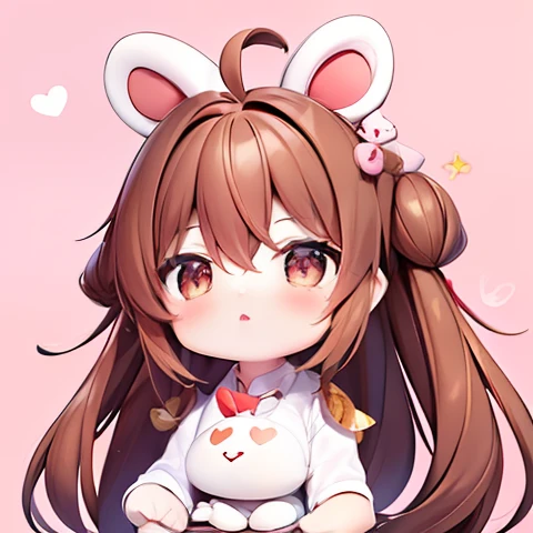 round image, caizi touxiang, 1girl, heart, solo, hair ornament, virtual youtuber, symbol-shaped pupils, ahoge, brown hair, heart-shaped pupils, stuffed toy, long hair, plaid, blush, stuffed animal, bangs, brown eyes, shirt, holding, outline, heart ahoge, white outline, holding stuffed toy, stuffed bunny, plaid shirt, upper body, collared shirt, chibi, parted lips, rabbit hair ornament, looking at viewer, long sleeves, simple background, sparkle, unmoving pattern, hairclip