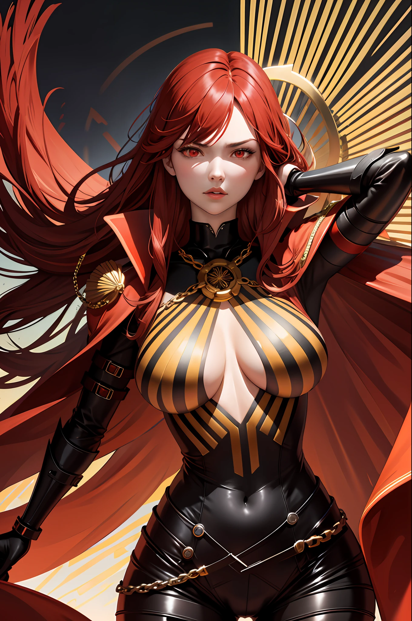 oda_biig,large breasts,red eyes,black bodysuit, red hair,chain,collared cape