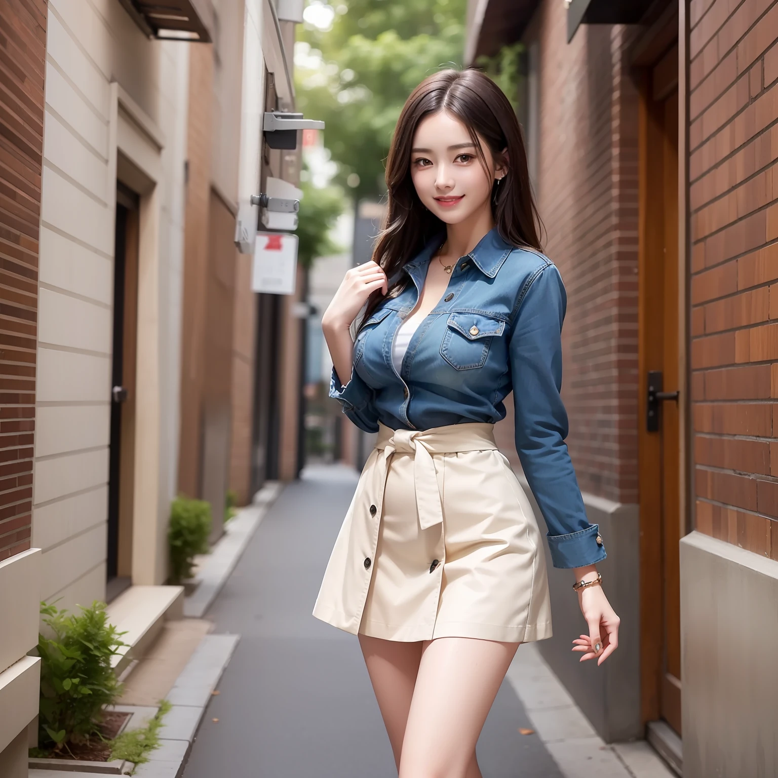 Top image quality、hight resolution、A detailed face、Beautiful Women in Perfect Style、affectionate smile、long skirt、flered skirt、tight skirts、pleatedskirt、Trench skirt、denim skirt、big breasts thin waist、slim legs