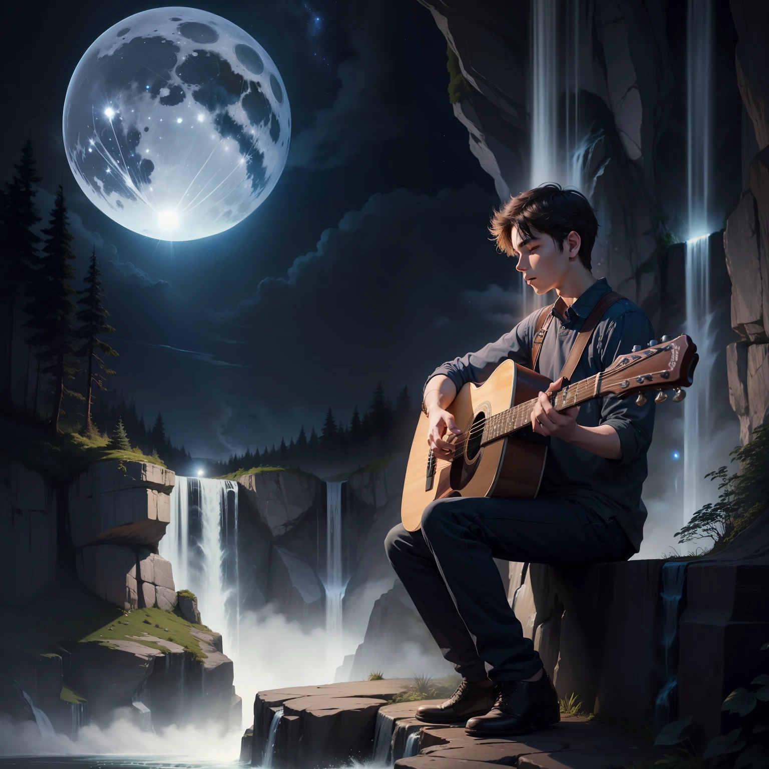 20 year old boy,playing guitar,night sky , background with beautiful waterfall,nature,supermoon