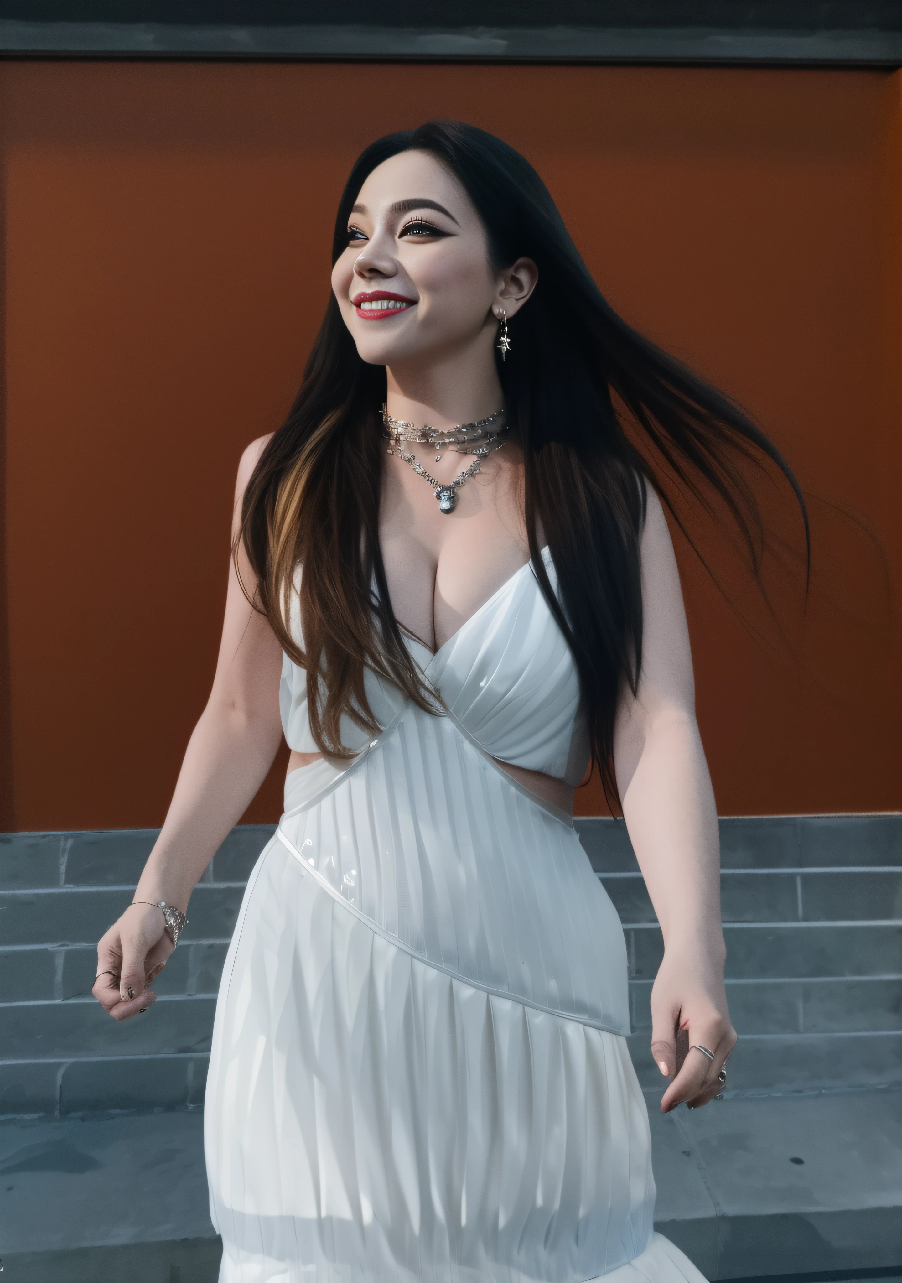 (8K, 4K, Best quality, A high resolution:1.1), (Realistic, photo-realistic:1.1), 1girll, Solo, face, double tails, Blonde hair, bangs, Long_Hair, necklace, Earrings, Lips, eye shadows, jewelry, (Looking in the audience:1.8),thin shoulder strap,white skirt,the detail,hight contrast,