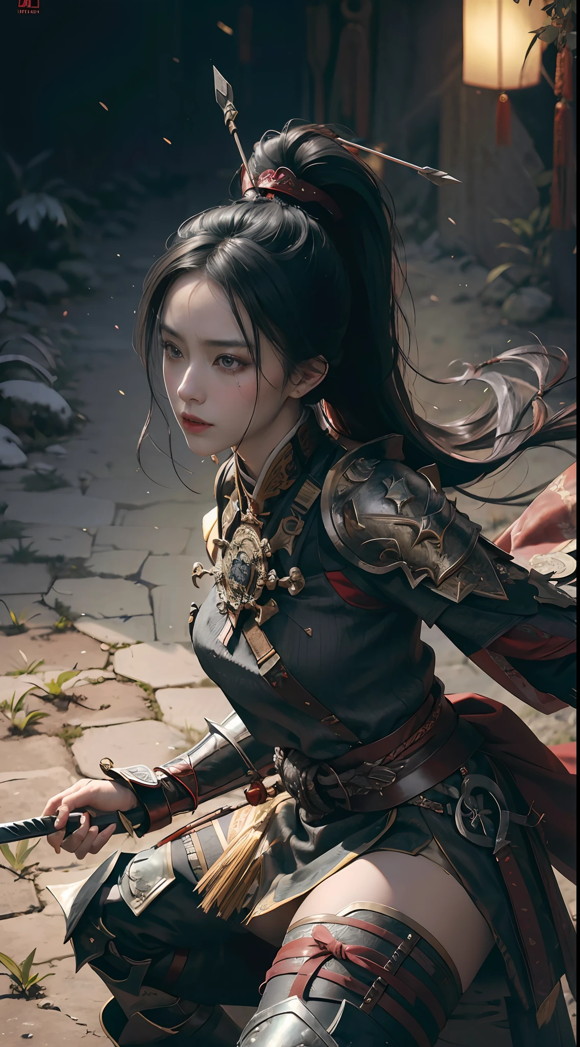A woman in armor holding a sword and a sword - SeaArt AI