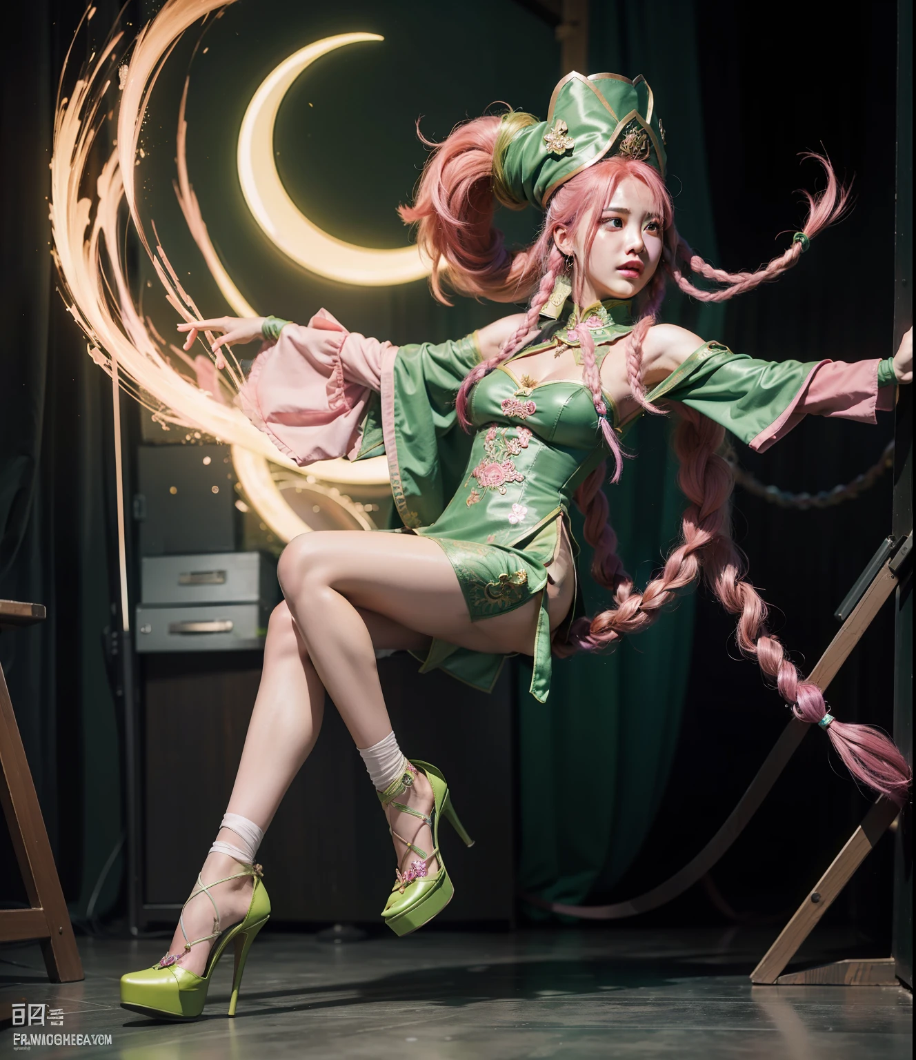 "Perfect,4K,Live cos,A pink-haired,brown gauntlets,climaxing,dreads,Green cheongsam,green high heels,"