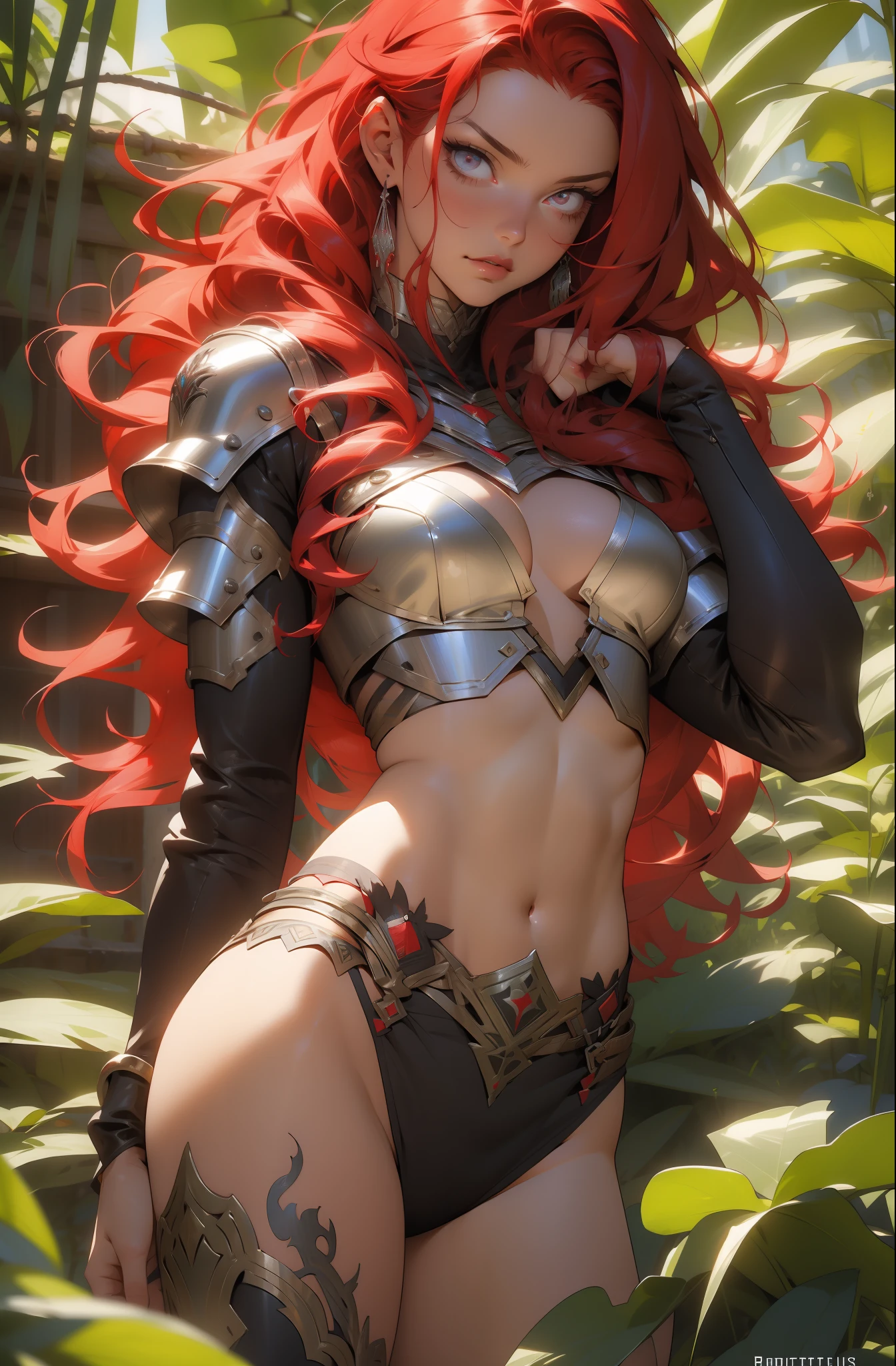 ((Bouticca)), Beautiful red-haired Nordic woman with long curly and voluminous full-body hair, 30 anos, corpo musculoso e perfeito, ((de costas)), guerreira medieval com pouca roupa, Tiny floss, metal bra with tips, tatuagem tribal, arm covered by metal armor, seios grandes, decote generoso, segurando um machado manchada de sangue, Face da Brava, reino sombrio, Pose sexy, caminhando em uma floresta