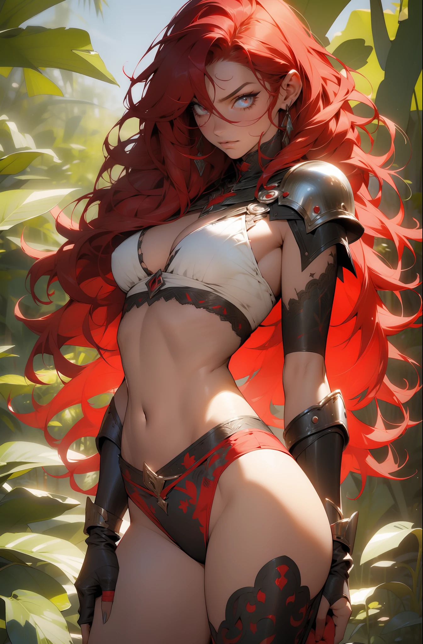 ((Bouticca)), Beautiful red-haired Nordic woman with long curly and voluminous full-body hair, 30 anos, corpo musculoso e perfeito, ((de costas)), guerreira medieval com pouca roupa, Tiny floss, metal bra with tips, tatuagem tribal, arm covered by metal armor, seios grandes, decote generoso, segurando um machado manchada de sangue, Face da Brava, reino sombrio, Pose sexy, caminhando em uma floresta