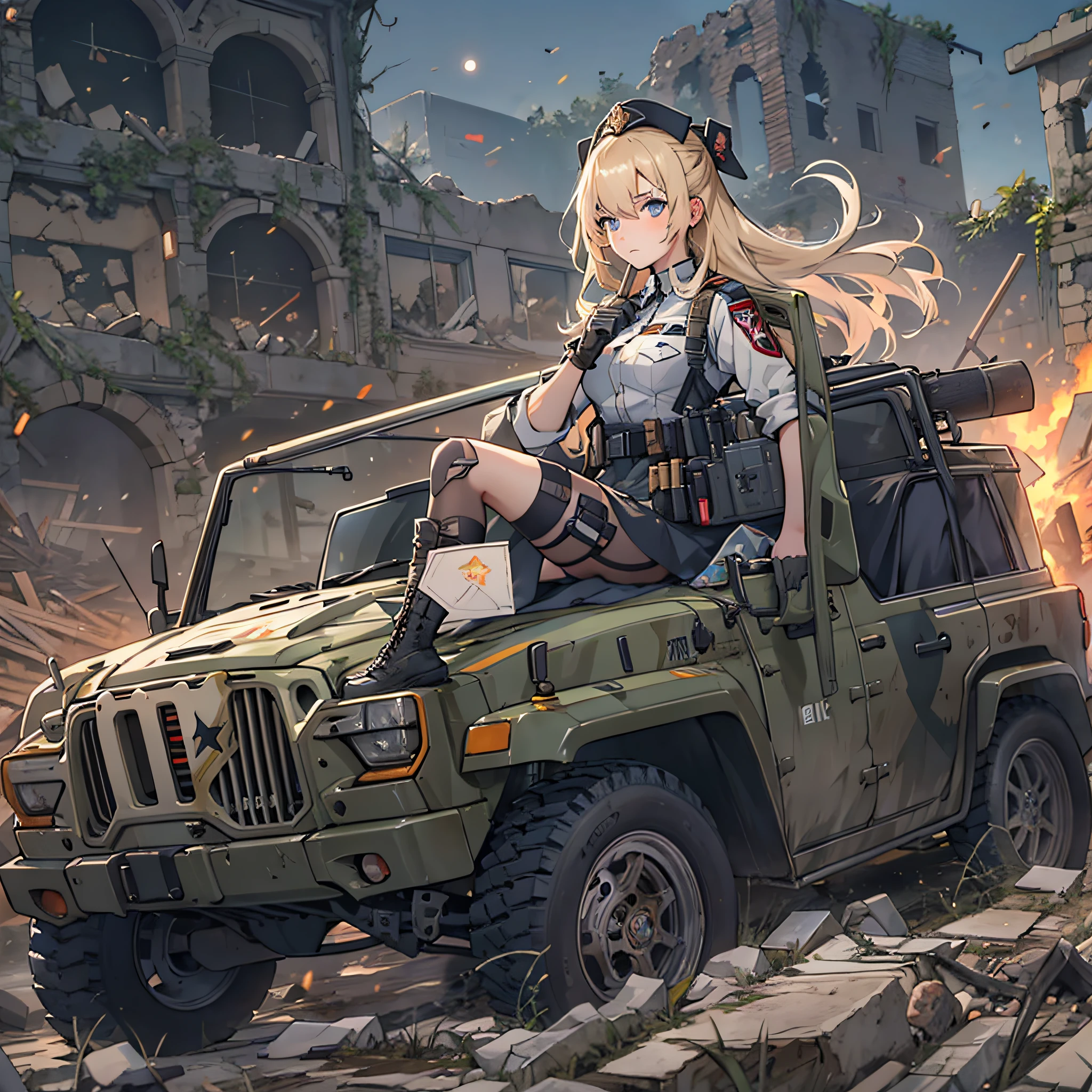 Anime girl riding a jeep in the ruins, girls frontline style, from girls frontline, Fine details. girls' frontline, girls' frontline, girls frontline cg, infantry girl, Women's Last Tour, soldier girl, M4 Sopmod II Girls Frontline, anime maid ss military, girls frontline universe, Mechanized soldier girl, Majora、lieutenant colonel、Girls Moon、Start of battle！