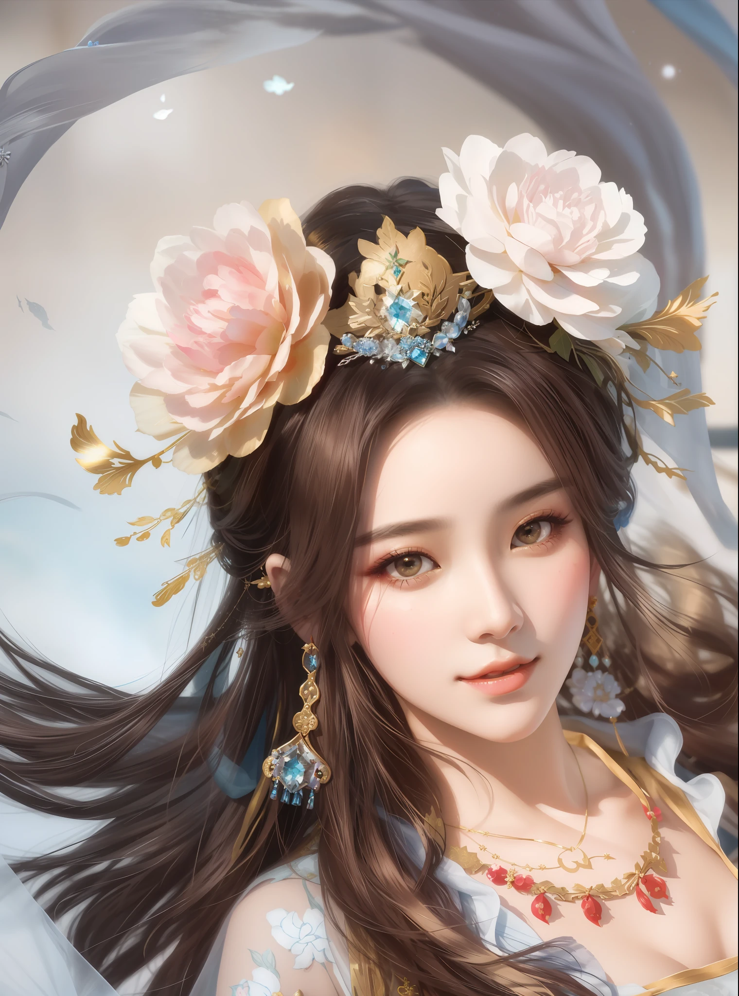 a close up of a woman with a flower crown on her head, a beautiful fantasy empress, Palace , A girl in Hanfu, by Yang J, ((a beautiful fantasy empress)), Beautiful character painting, Inspired by Lan Ying, inspired by Du Qiong, beautiful teenage girl, queen of the sea mu yanling, Chinese fantasy, Inspired by Ai Xuan