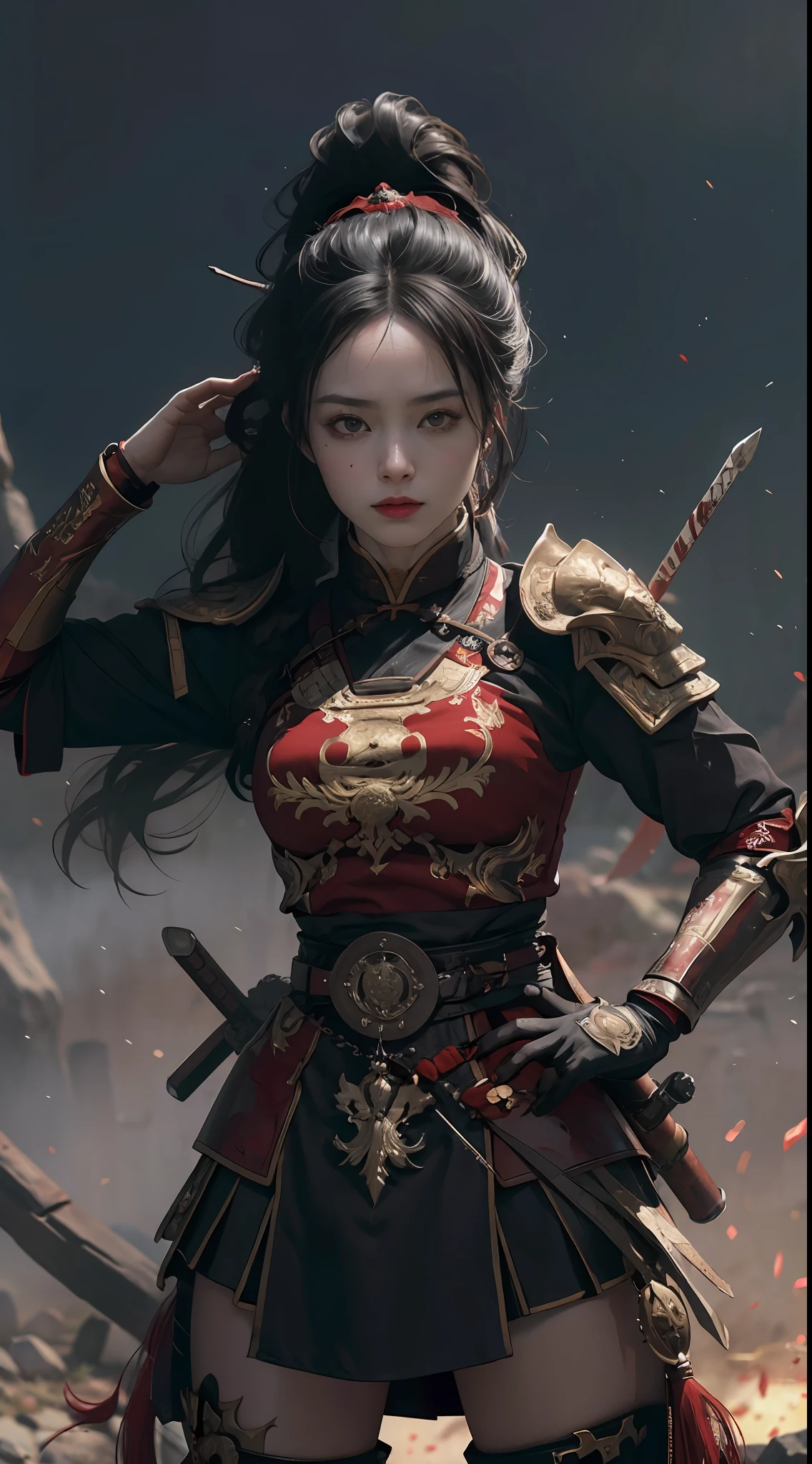 (Positive Focus), (In the Dark: 1), (Best Quality), Movie Poster, Highly Detailed, 8k Wallpaper, Volume Lighting, Dynamic Lighting, A Girl, Long Black Hair, Ponytail, Black Metal Armor, Red Belt, Black Armor, Shoulder Armor, Waist Guard, Hand Guard, Veil, Holding a Long Sword in front of Body, Ancient Chinese Style, Battle Stance, Lots of Blood, Blood Stains on Face, Clothes Damaged, Ancient Chinese Battlefield, Ancient Chinese Soldiers, Arrows Flying, War, Night, Dramatic Composition, Sword qi surrounding, rich picture detail, war, movie lighting,