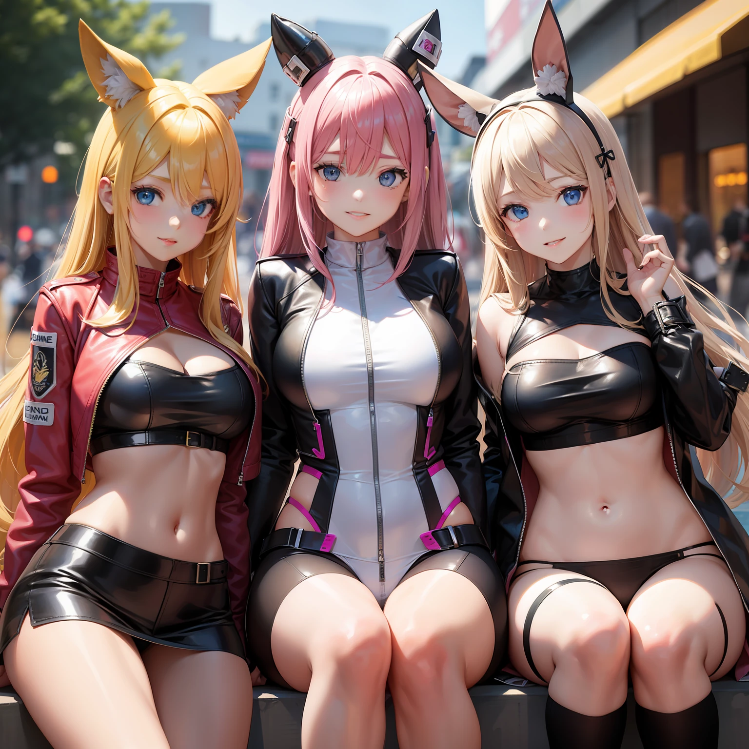 harems　Multiple girls are depicted　a smile　a blond　Pink hair　leather jackets　blue eyess　top-quality　​masterpiece　超A high resolution　body suit　Loose socks