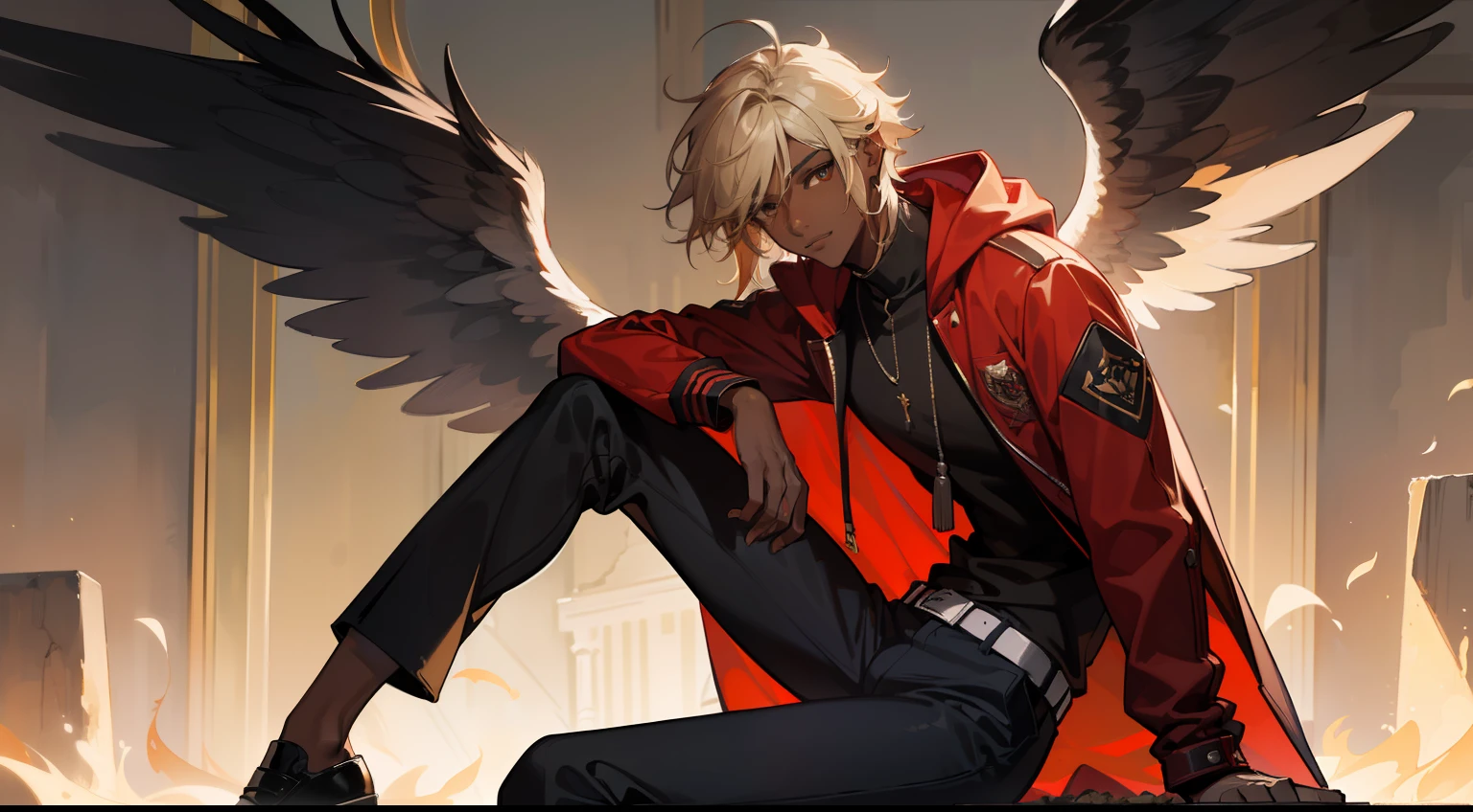 ((Masterpiece, highest quality)), detailed face, full of details, highly detailed, depth, many parts, 1boy, young male, ((dark skin)), black wings, angel wings, fire, black pants, red hooded jacket, long sleeves, messy hair, short blonde hair, hair intakes,