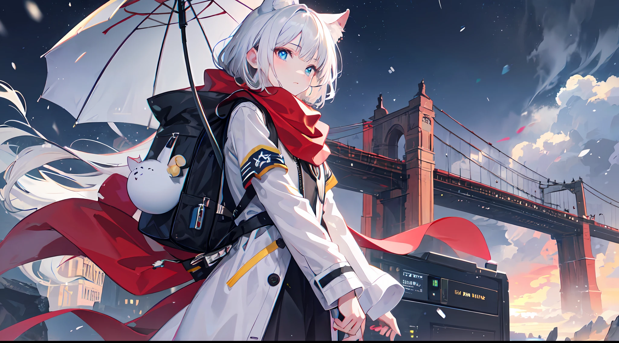 ((high qulity)), ((tmasterpiece)), 8K, Girls, bulletproof vest, llight rays, Extremely detailed CG unifies 8K, 8K, Diamond, and wallpaper, GameCG, looking at viewert, mitts, Boots, full bodyesbian, Wrist watch, Computer,Masks,UAVs,handheldweapons,Earphone,jaket,Bao,backpacks,Ark of tomorrow style,White trench coat,Red scarf,with short white hair,Issuing,The sword,yellow armband,Yellow band,Black strap,blue stripe,red color eyes,The sword,Firearms,Straighten your hair with both hands,Detailed hands,detailed back ground,detailed face with,A masterpiece of the Rhode Island Bridge,(best qualtiy:1.2),(super-fine:1.2),illustratio,(Extremely refined and beautiful:1.2),Movie Angle,floatking,(beatiful detailed eyes:1.1),(Detail light:1.1),电影灯光,Exquisite sky,woman,whaite hair,eBlue eyes,(high ponytails:1.1),cloaks,glowing light eyes,(themoon:1.2),(rays of moonlight:1.1),starrysky,(Light particles:1.1),Mist,Snow painting,full bloom,废墟,little bit of raining,Umbrella,Earphone,White cat ears,Rained,Rain drops,Black hairpin,Yellow armbands,Blue sea